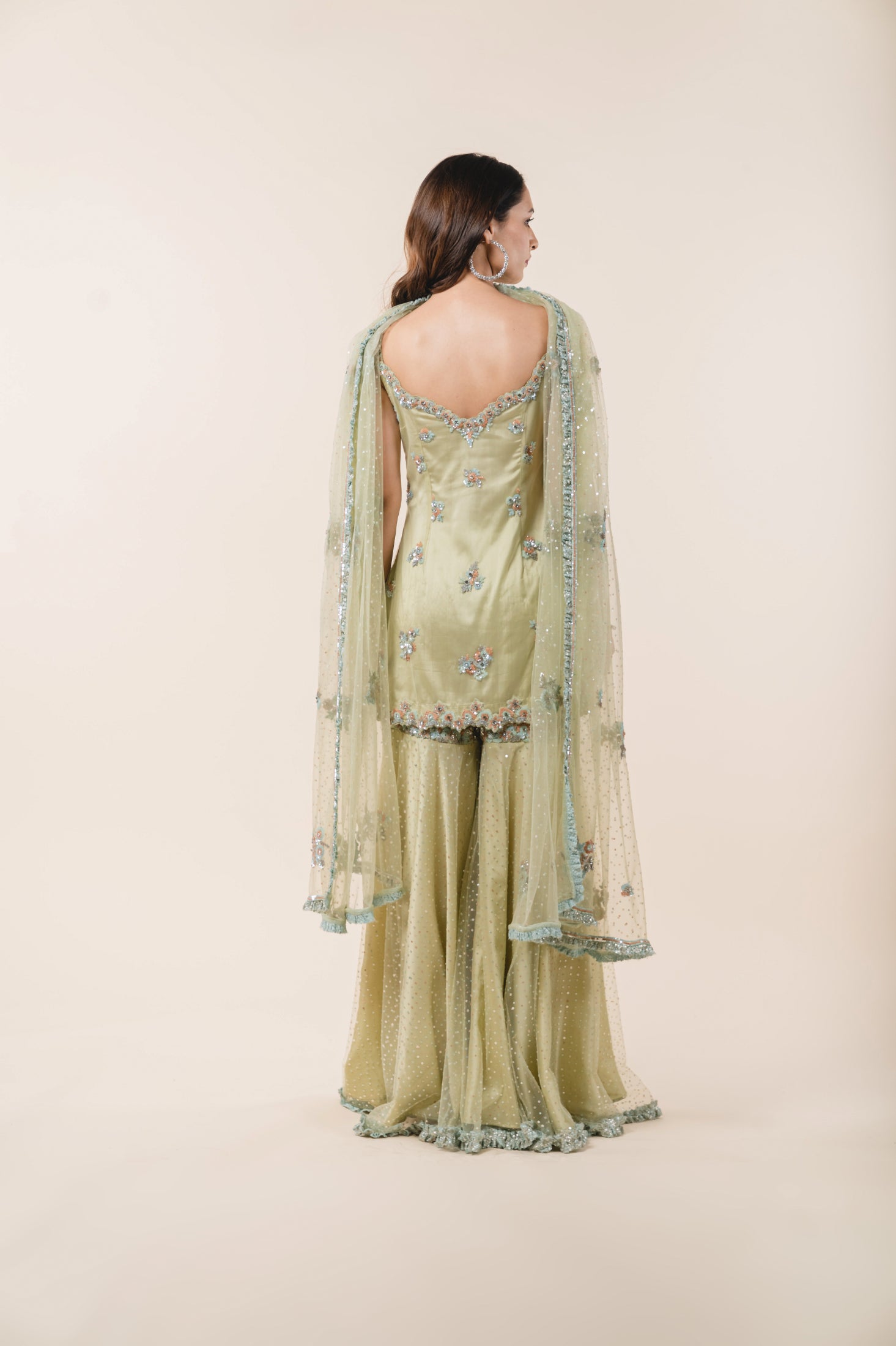 Light Olive Green Tulle Shirt Garara Set