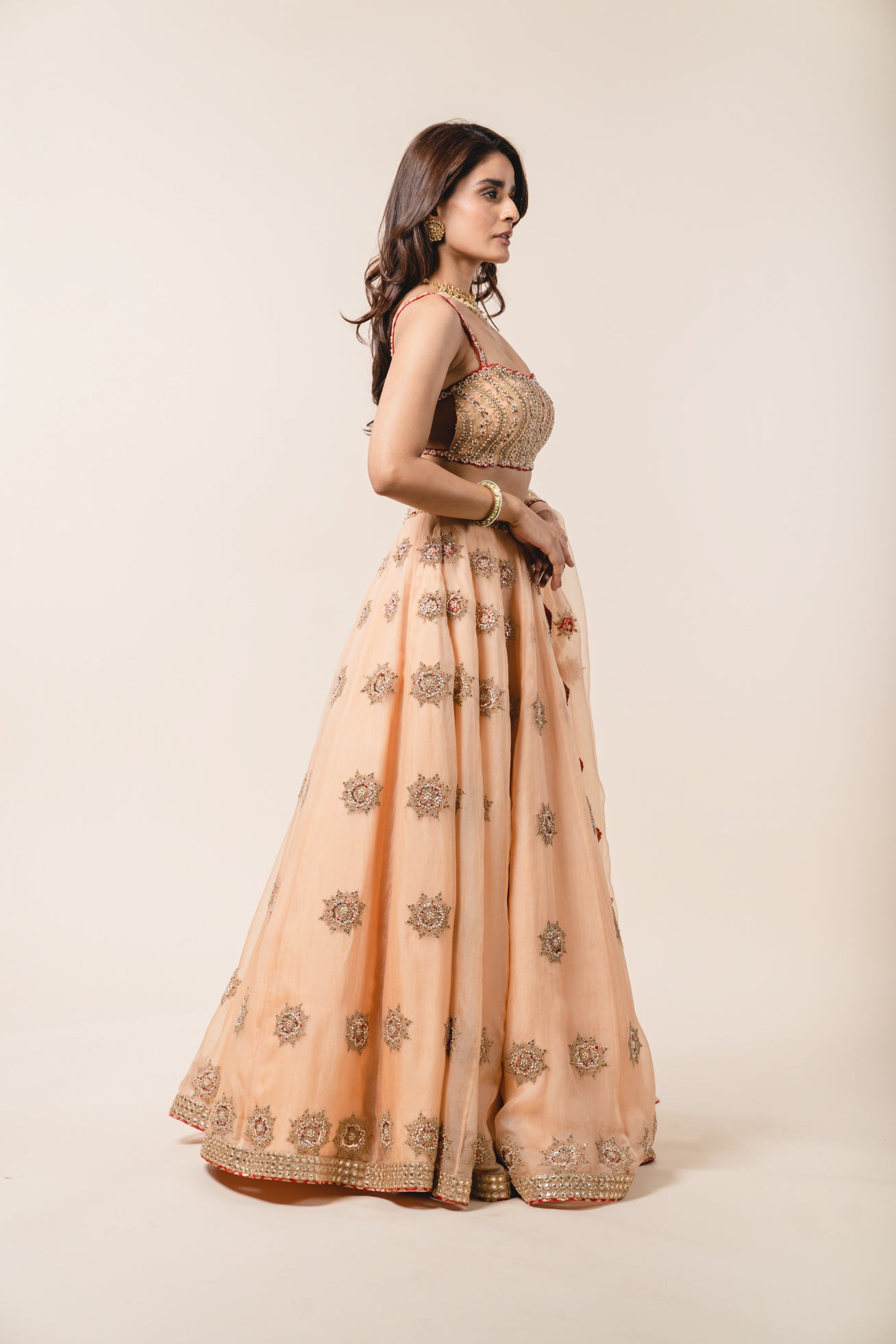 Peach Organza Lehenga Choli Set