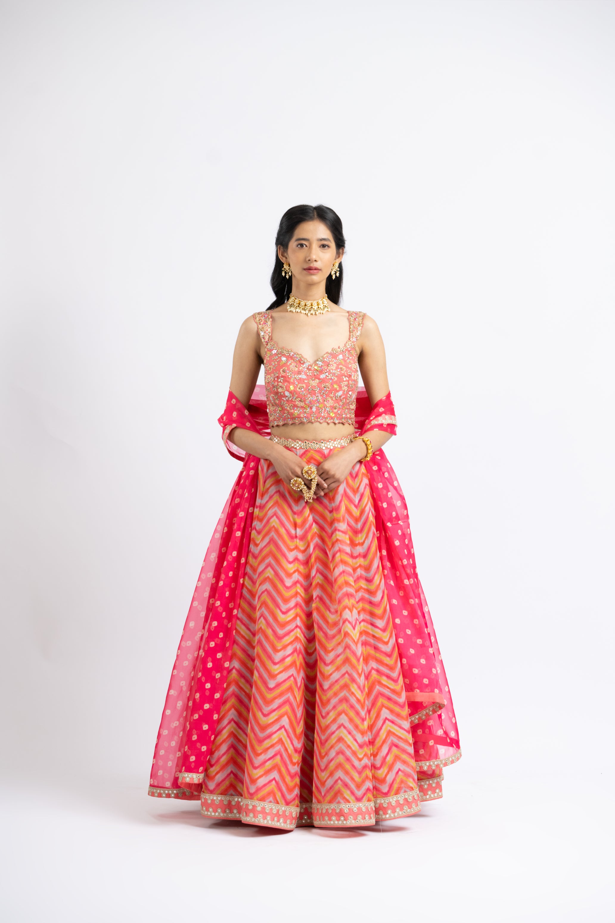 Coral Organza Printed Lehenga Choli Set