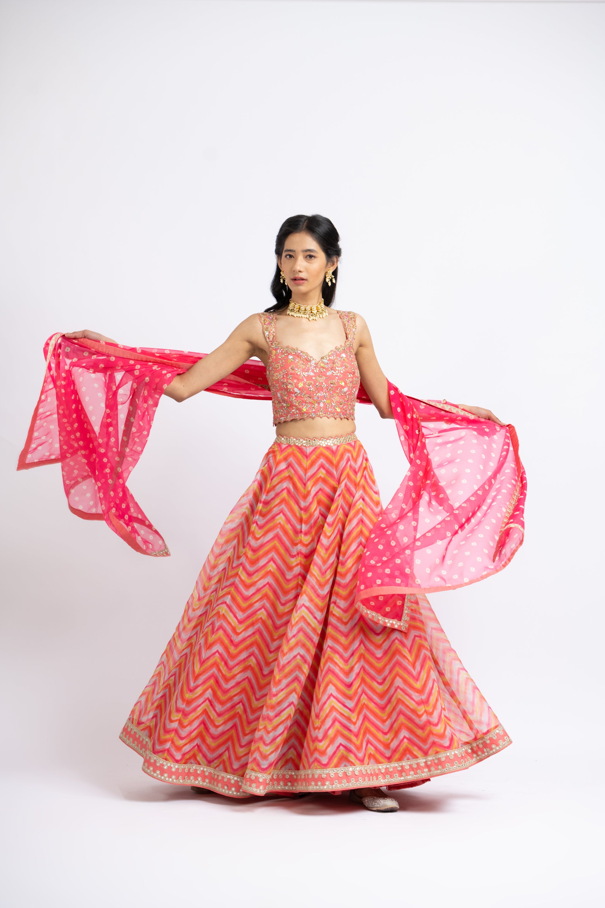 Coral Organza Printed Lehenga Choli Set