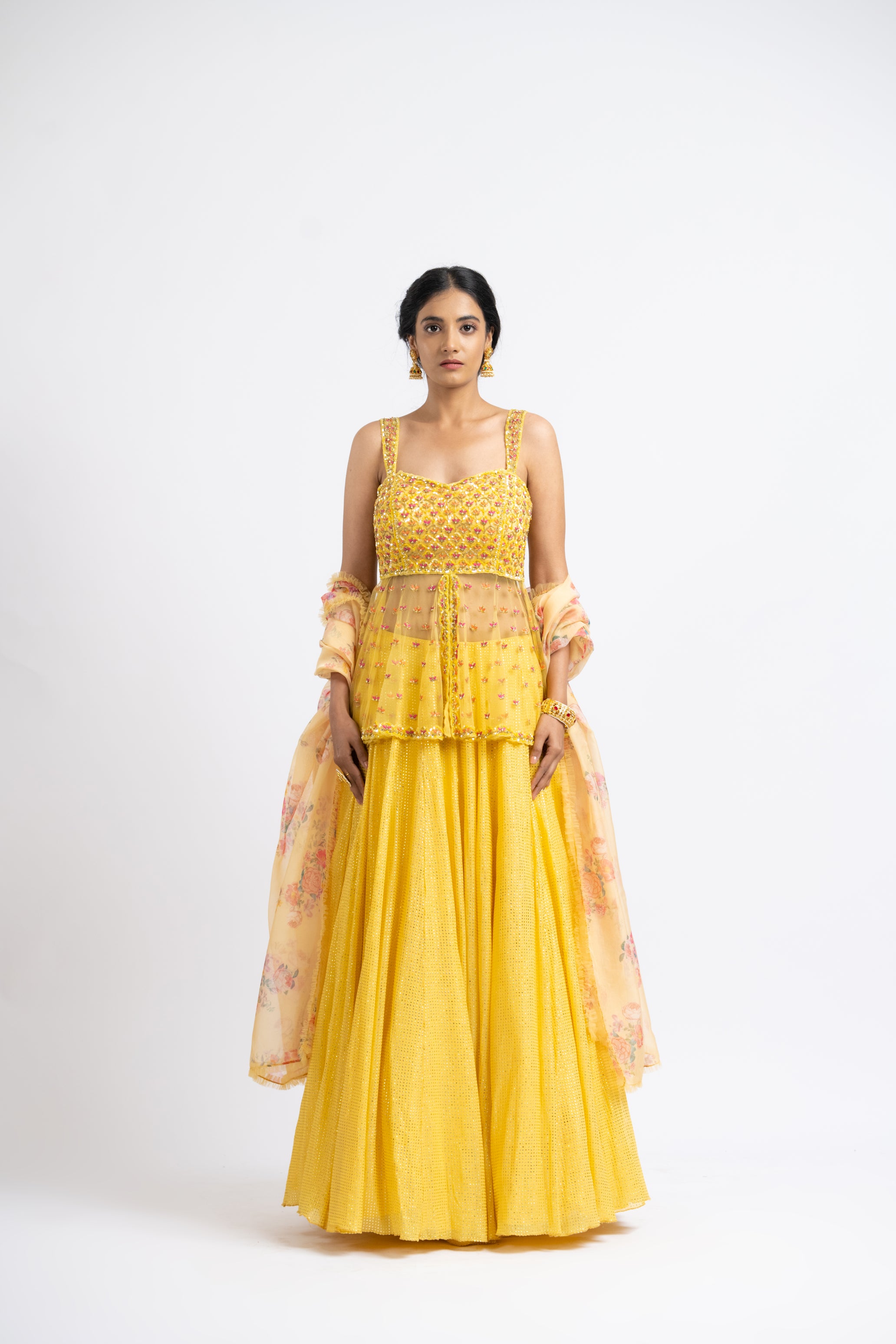 Bright Yellow Net Peplum With Georgette Mokaish Lehenga And Printed Dupatta