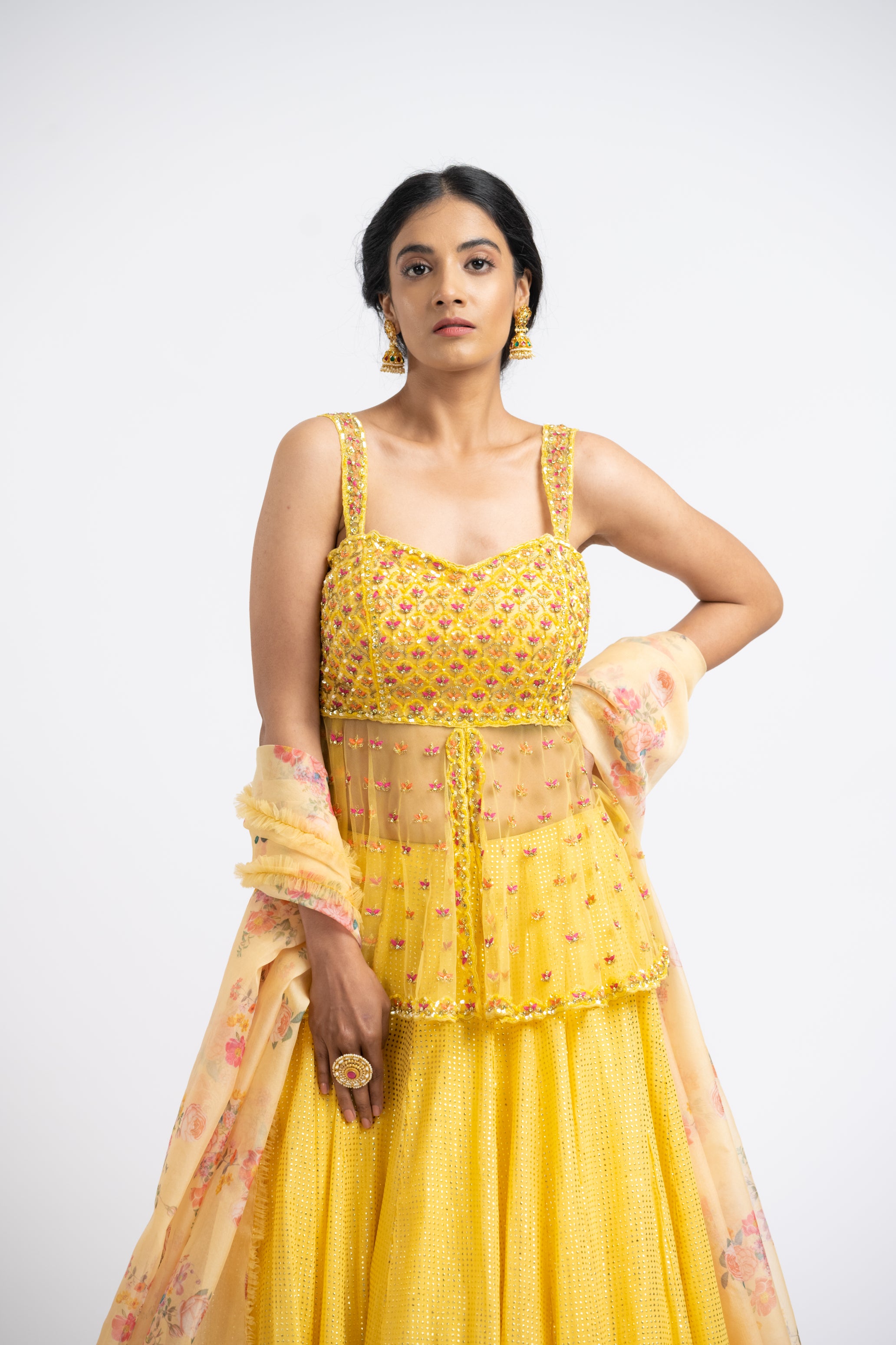 Bright Yellow Net Peplum With Georgette Mokaish Lehenga And Printed Dupatta