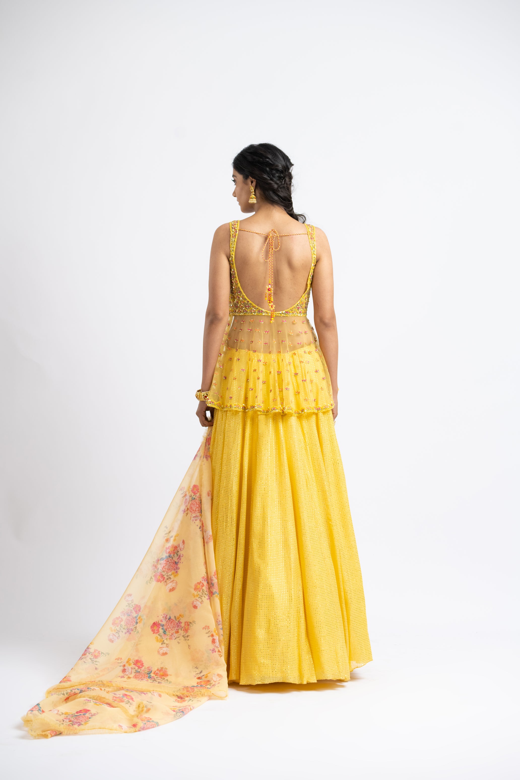 Bright Yellow Net Peplum With Georgette Mokaish Lehenga And Printed Dupatta