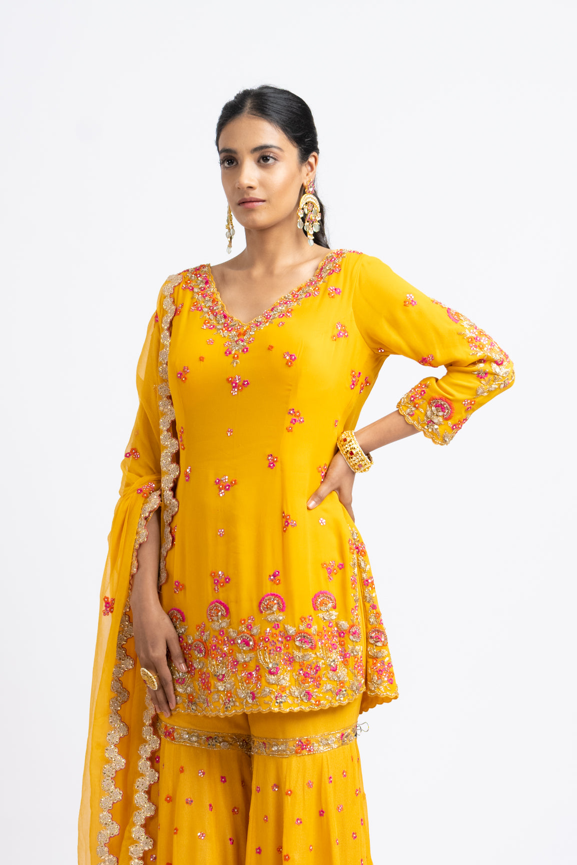 Mustard Georgette Garara Set With Georgette Dupatta