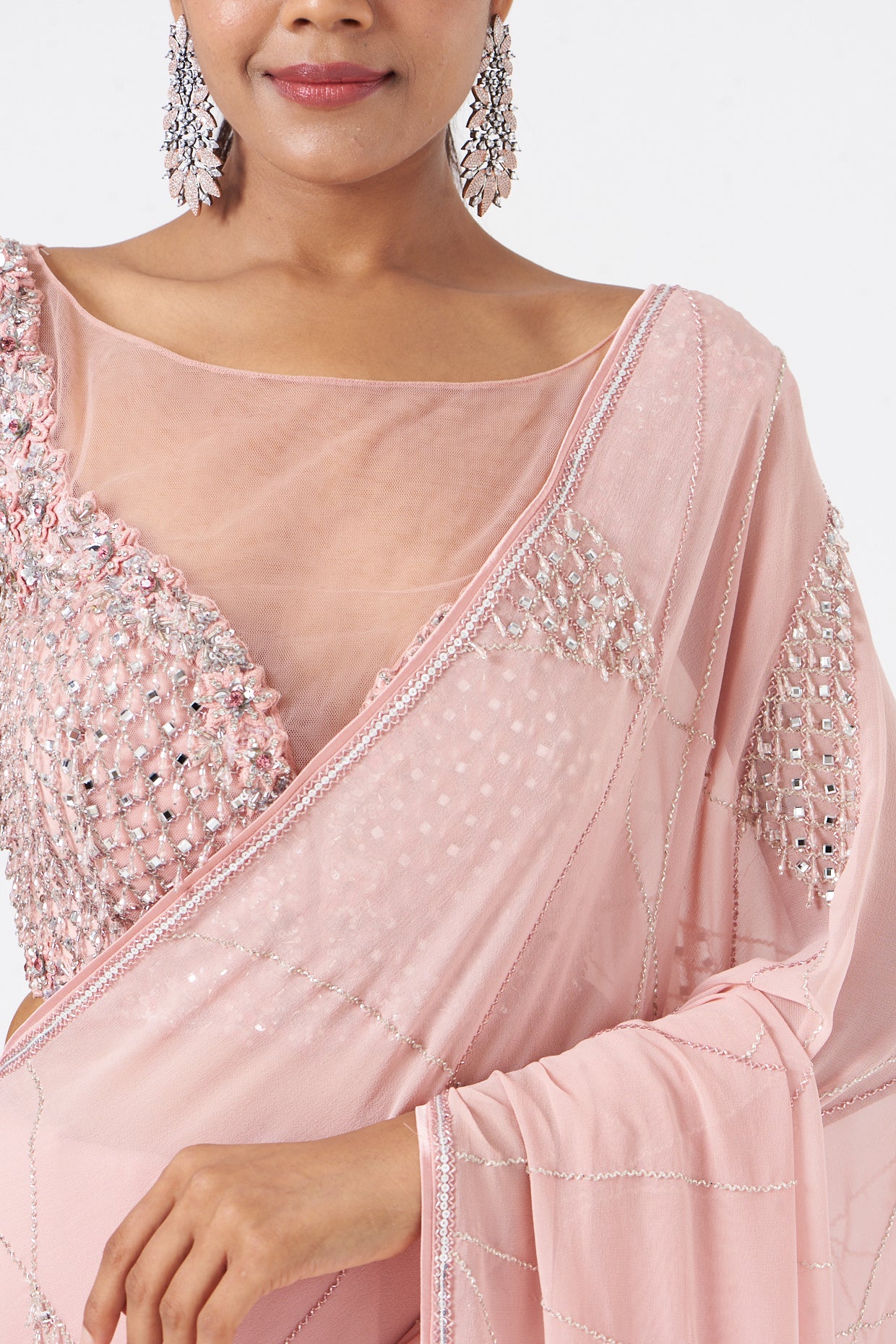 Rose Pink Georgette Saree and Tulle Blouse Set