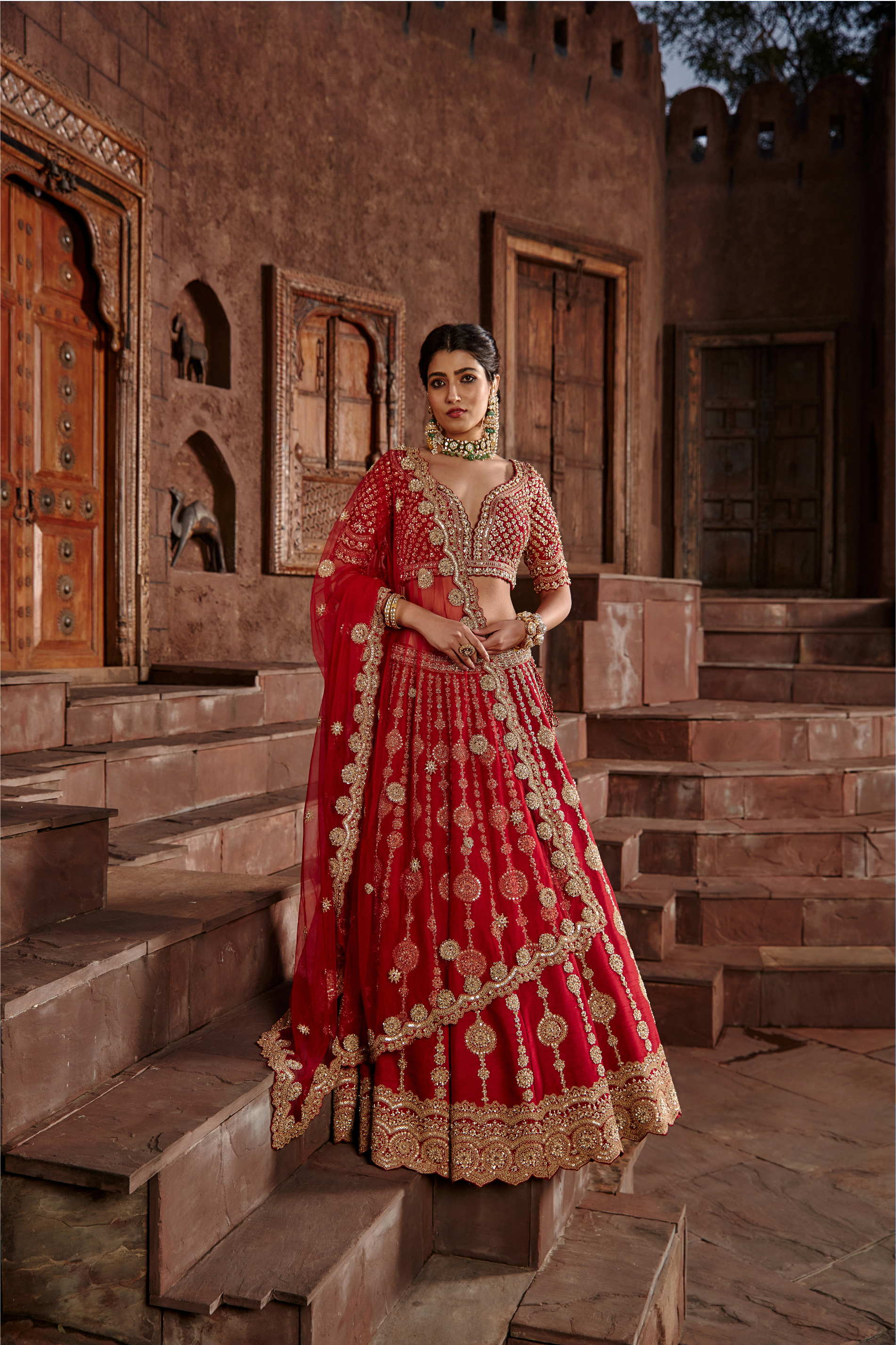 Red Raw Silk Lehenga Set