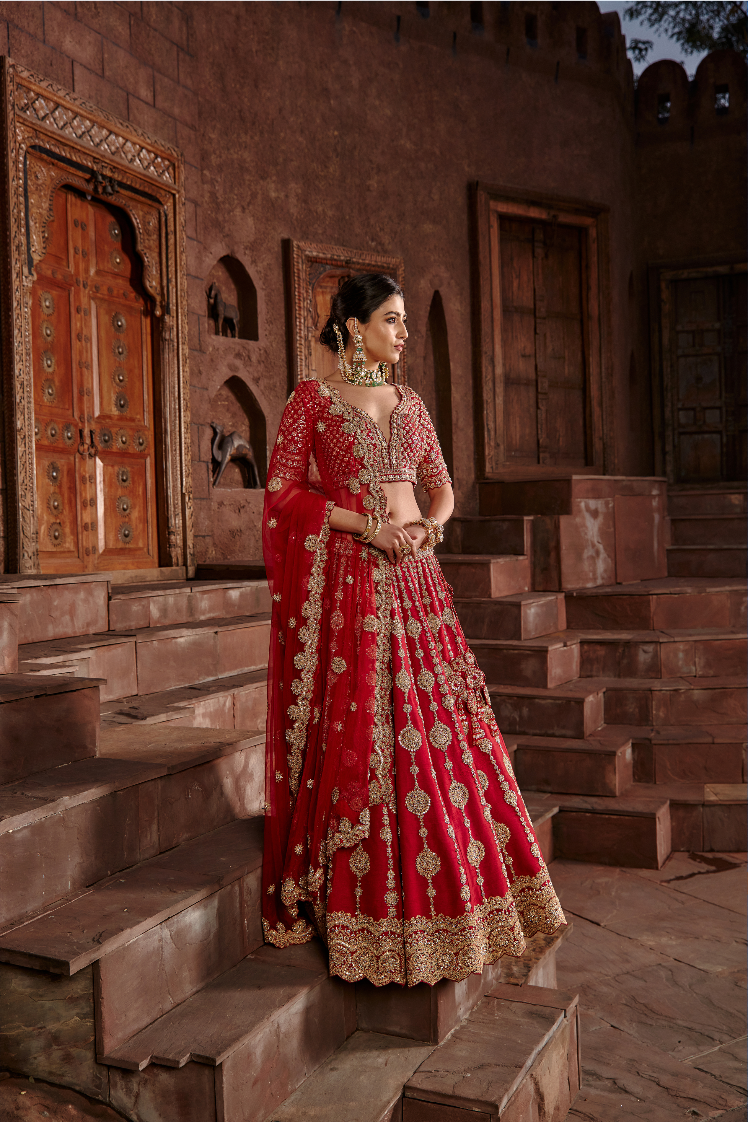 Red Raw Silk Lehenga Set