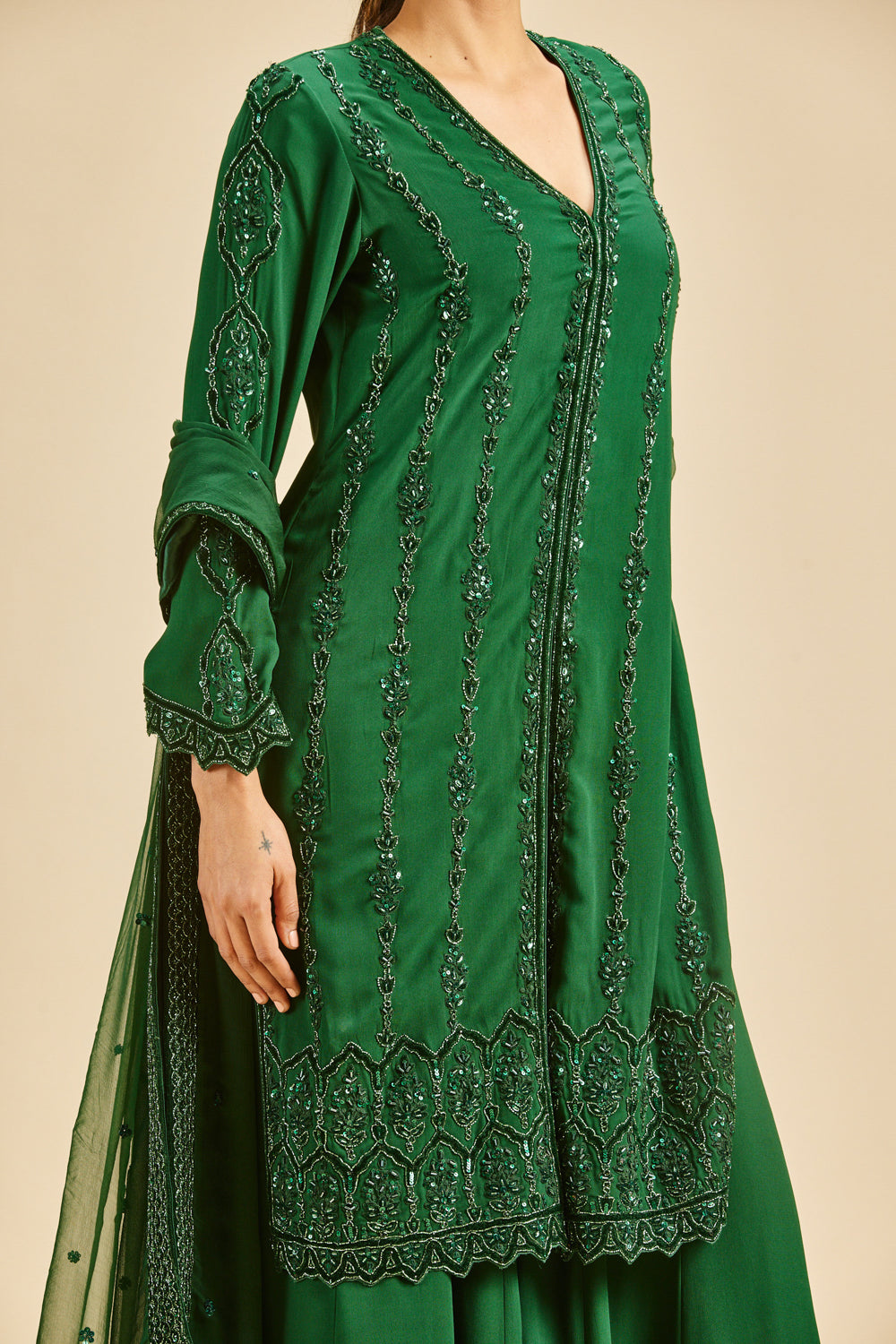 Bottle Green Velvet Applique Sharara Set