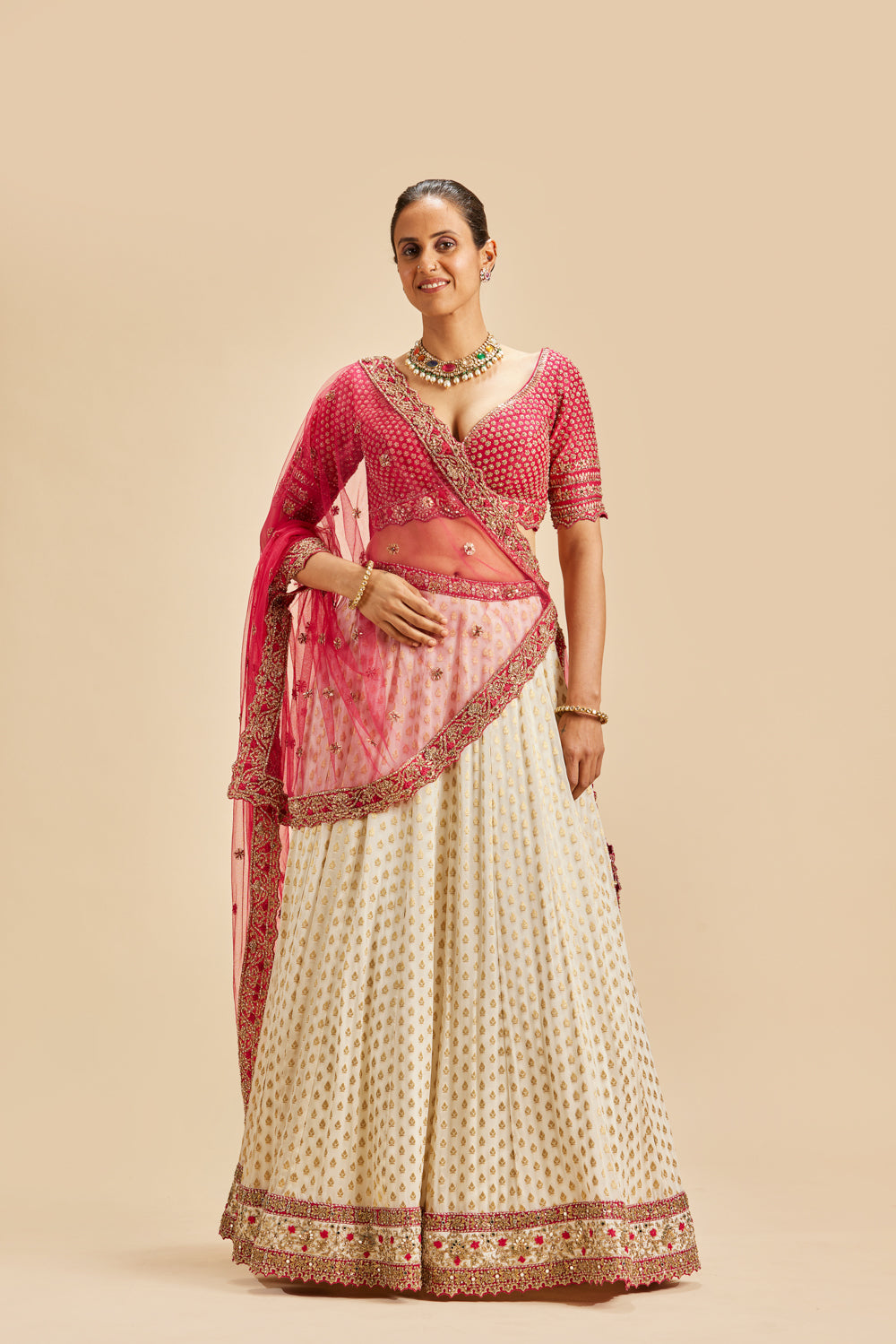 Ivory Banarsi Booti Lehenga With Fuschia Choli And Dupatta Set