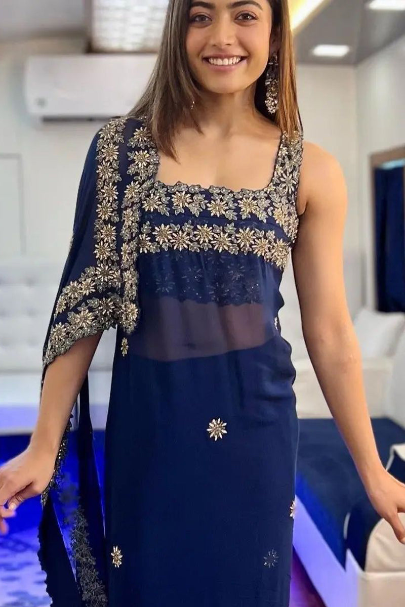 Rashmika Mandanna in Midnight Blue Georgette Saree
