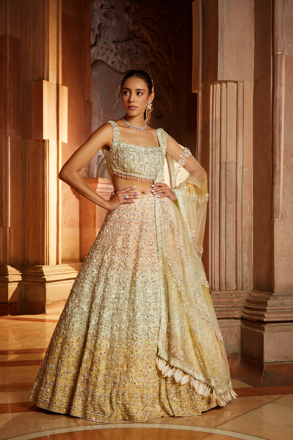 Tripple Colour Shaded Organza Lehenga Choli Dupatta Set with Optional Veil