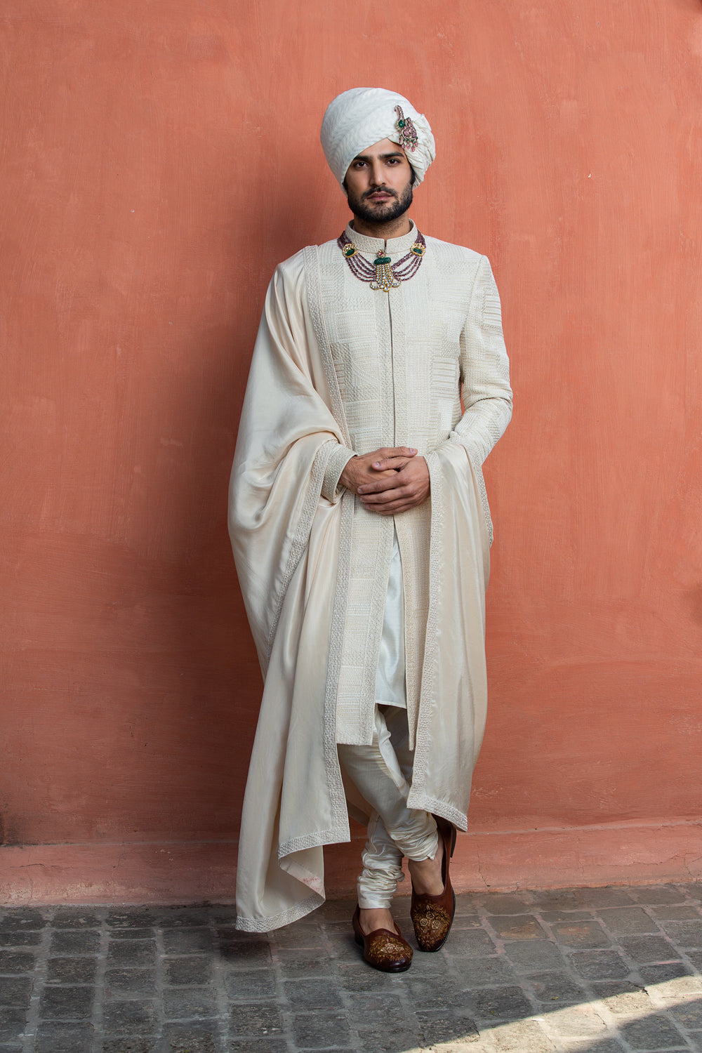 Ivory Geometric Embroidered Achkan with Monga Kurta and Churidar