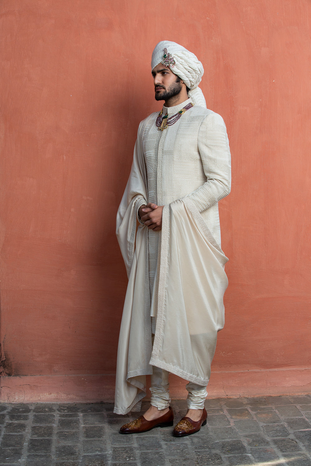 Ivory Geometric Embroidered Achkan with Monga Kurta and Churidar