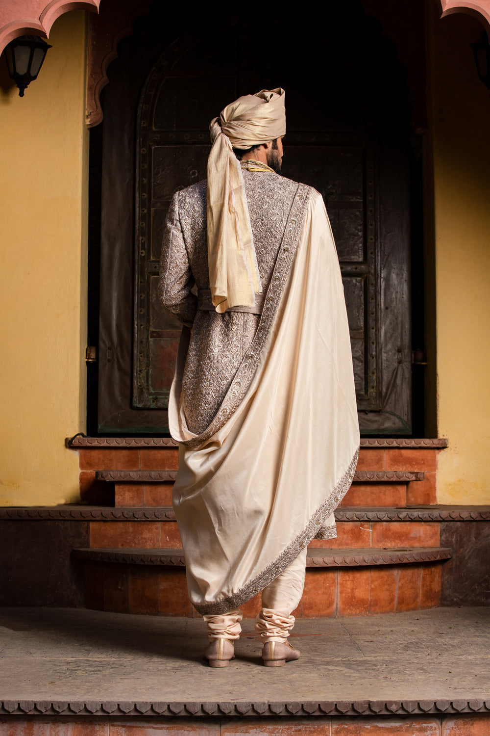 Coffee Raw Silk Achkan with Belt and Monga Churidar