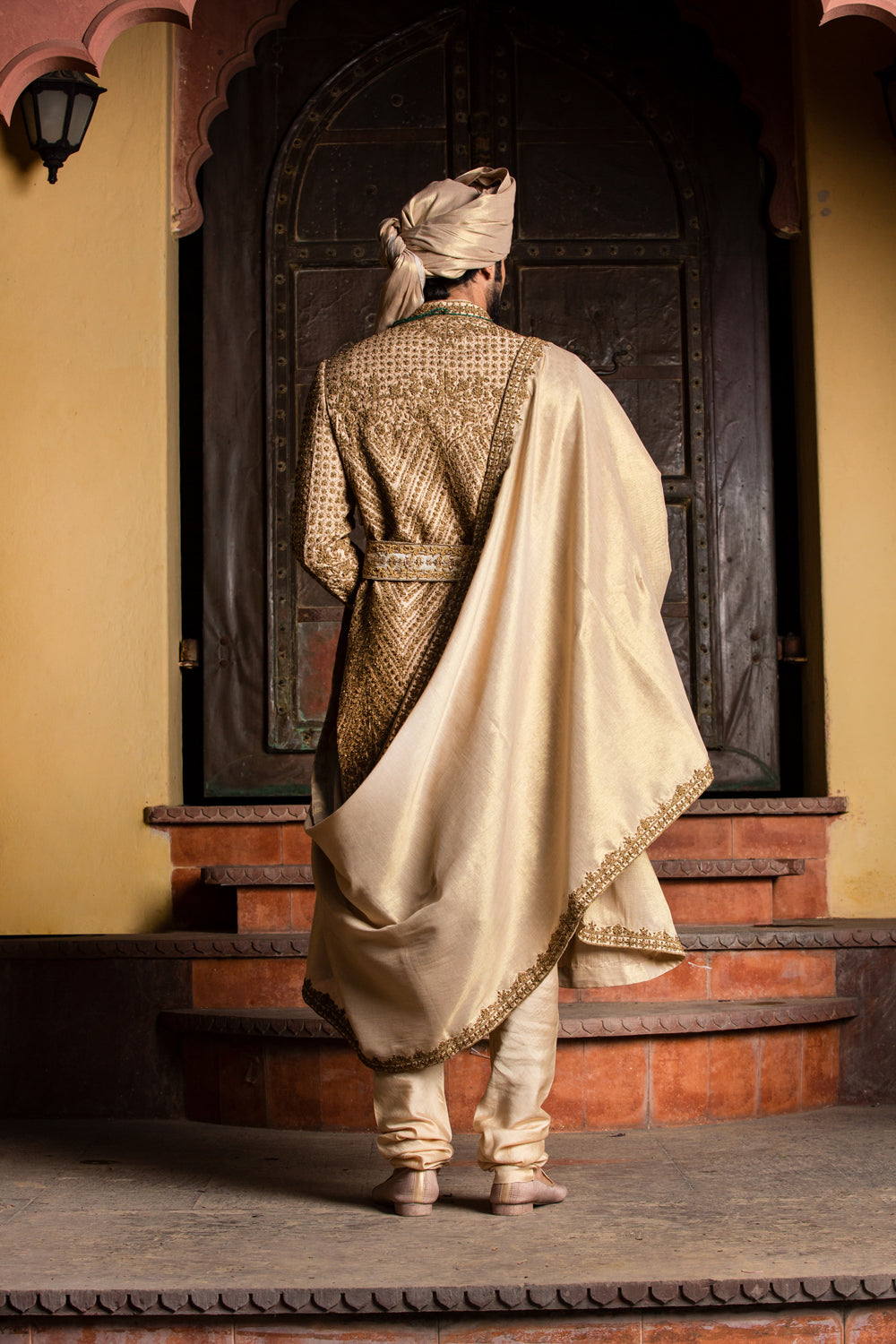 Gold Raw Silk Antique Embroidered Achkan with Belt and Kurta Churidar