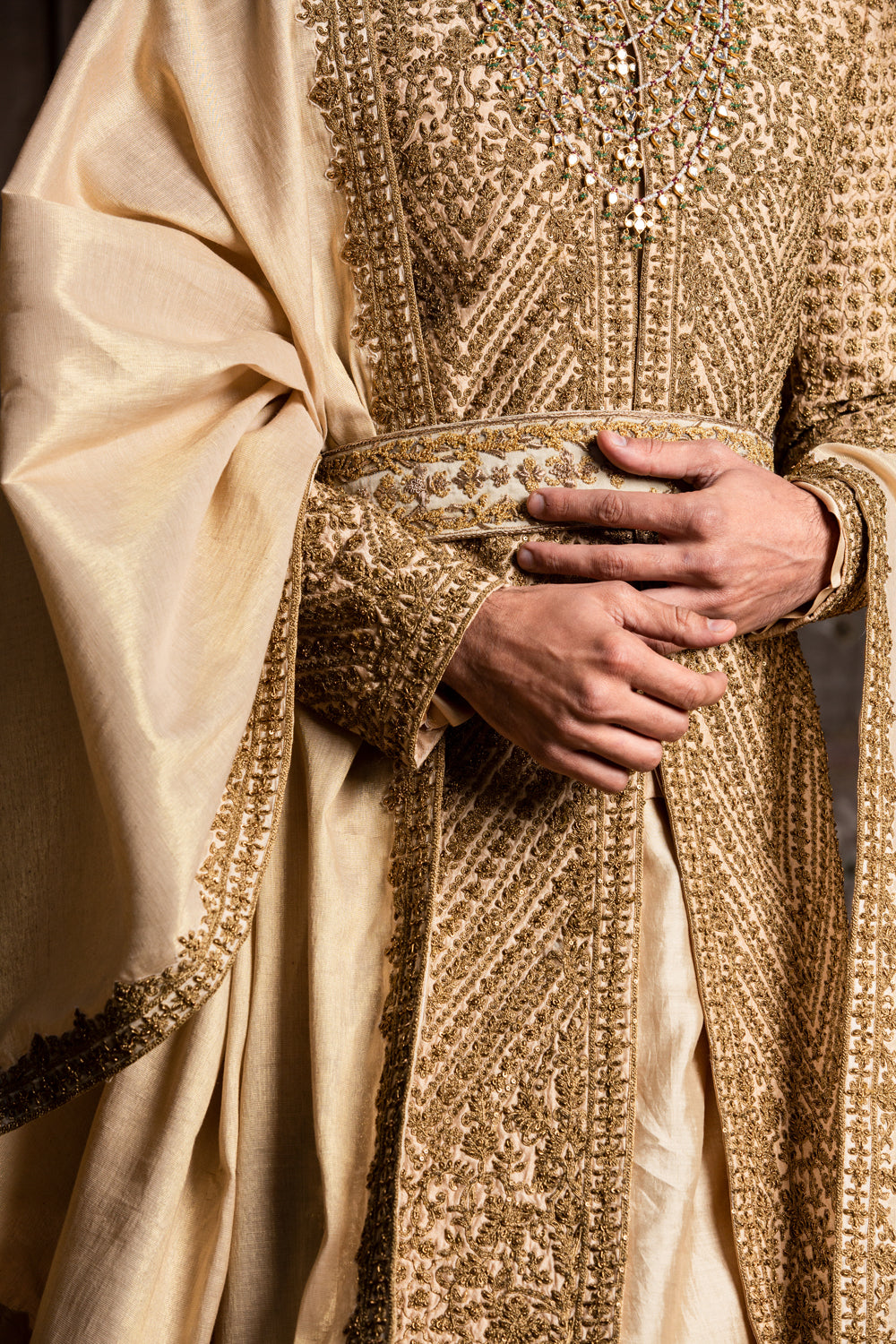 Gold Raw Silk Antique Embroidered Achkan with Belt and Kurta Churidar