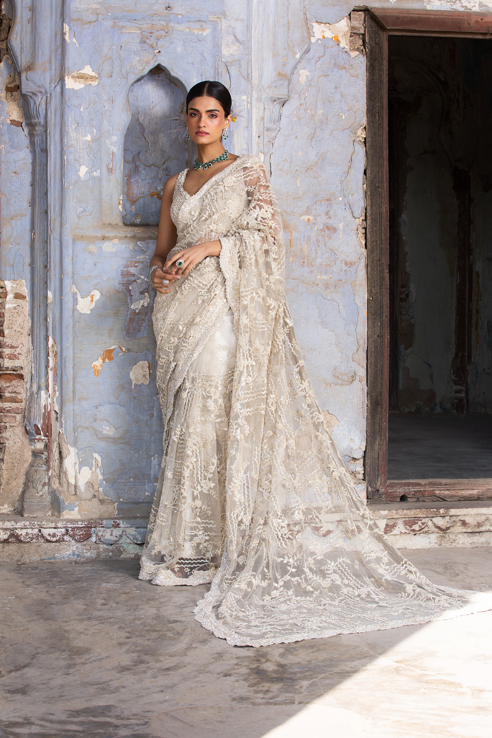 Cream Net Saree
