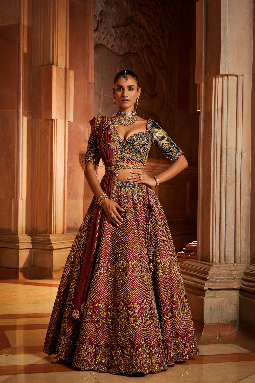 Wine Tafetta Lehenga and Belt with Navy Choli and Wine Tissue Dupatta