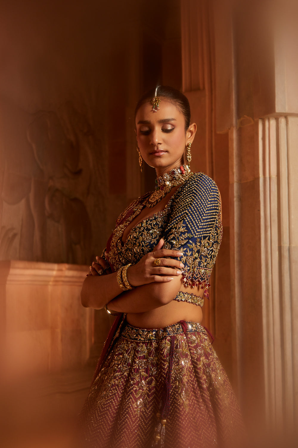 Wine Tafetta Lehenga and Belt with Navy Choli and Wine Tissue Dupatta