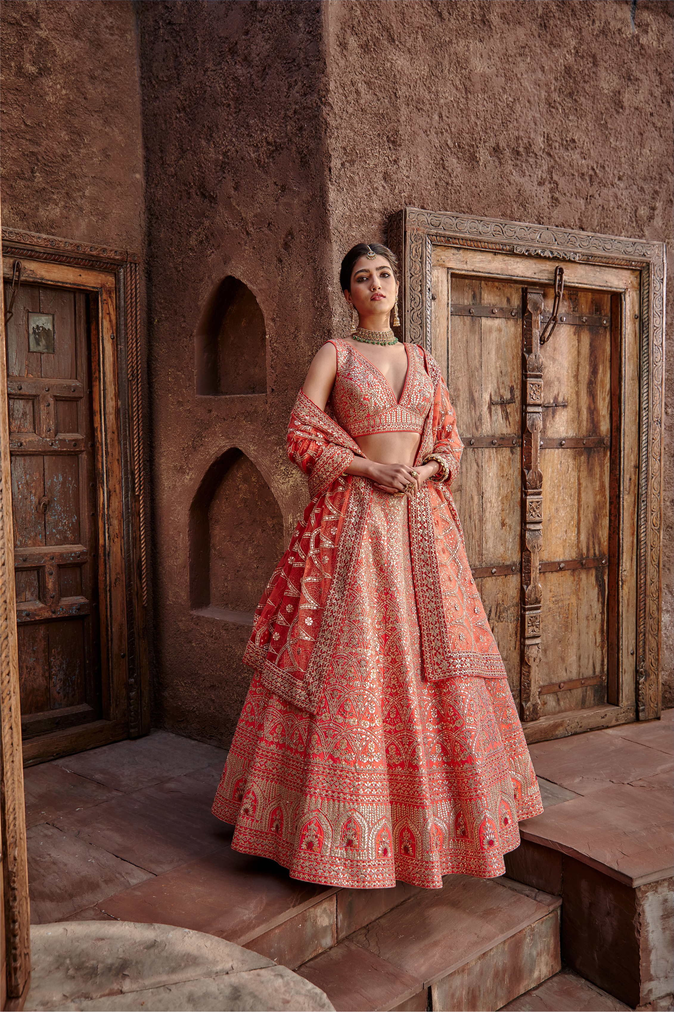 Orange Raw Silk Gota Lehenga Set