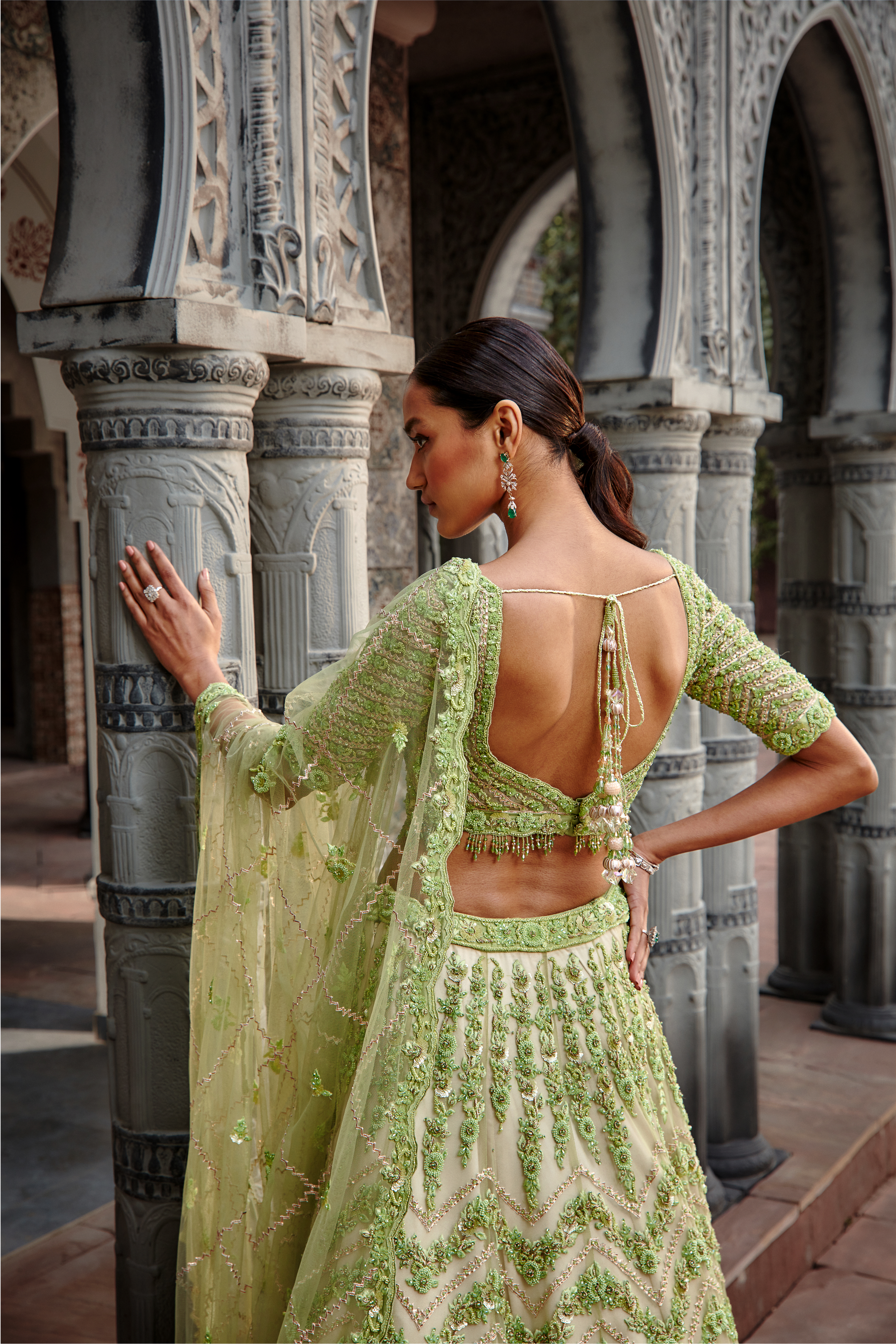 Ivory Lime Gota Resham Crystal Lehenga Set