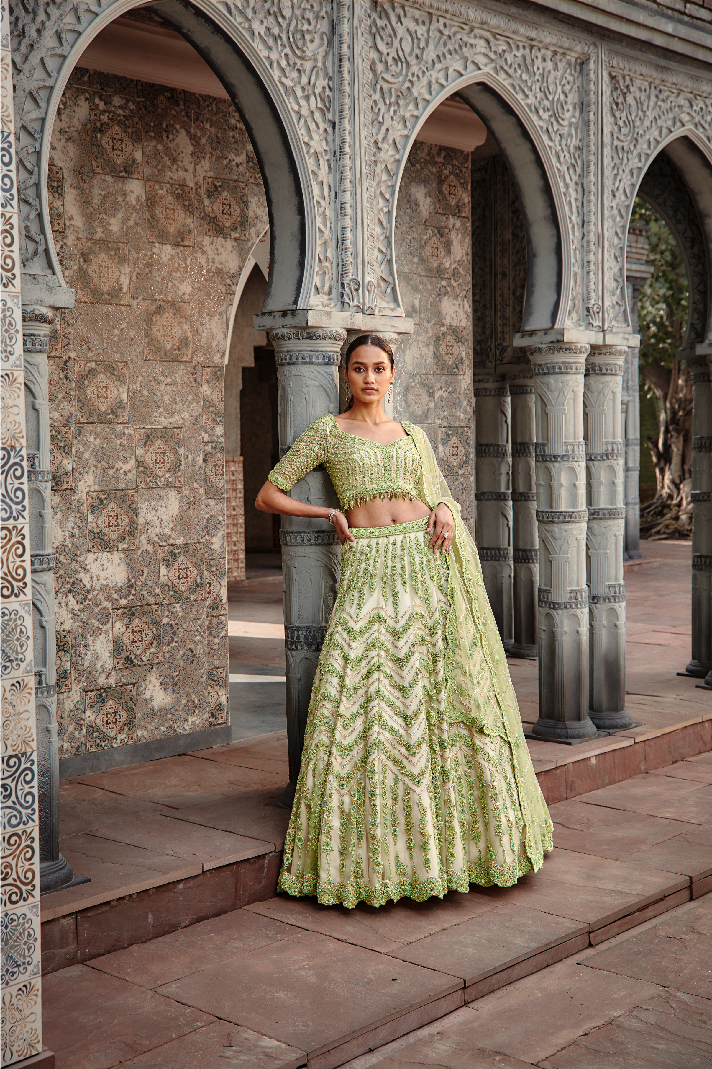 Ivory Lime Gota Resham Crystal Lehenga Set