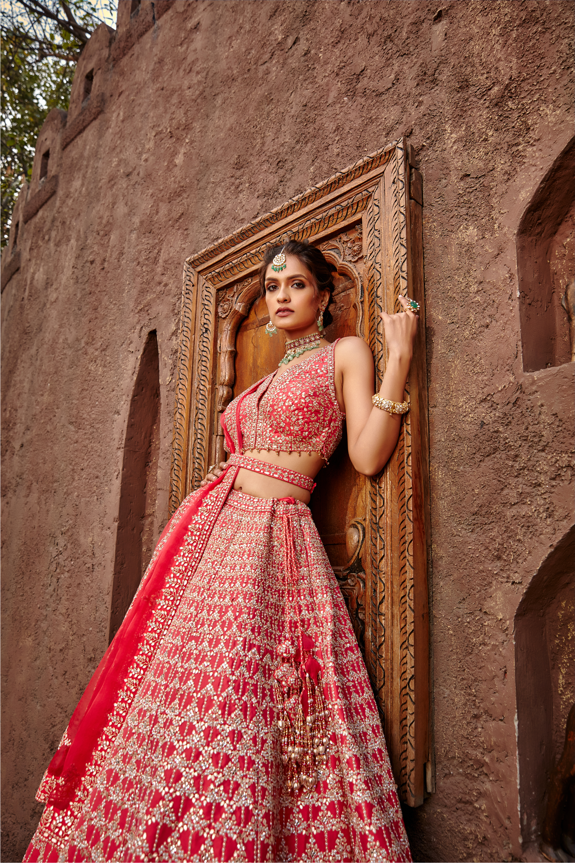 Coral Raw Silk Lehenga Set Gota Work