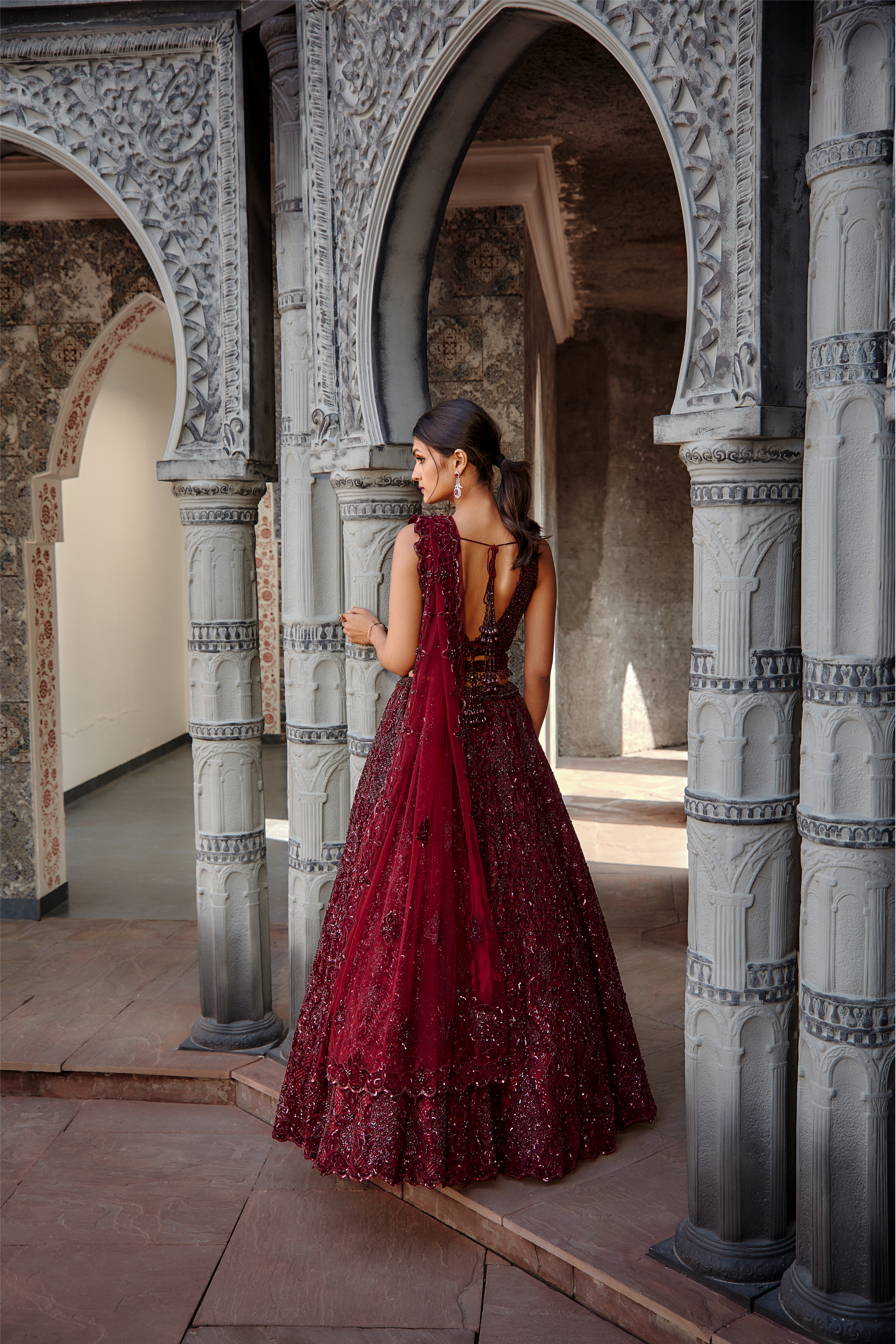 Deep Burgundy Tulle Lehenga Set