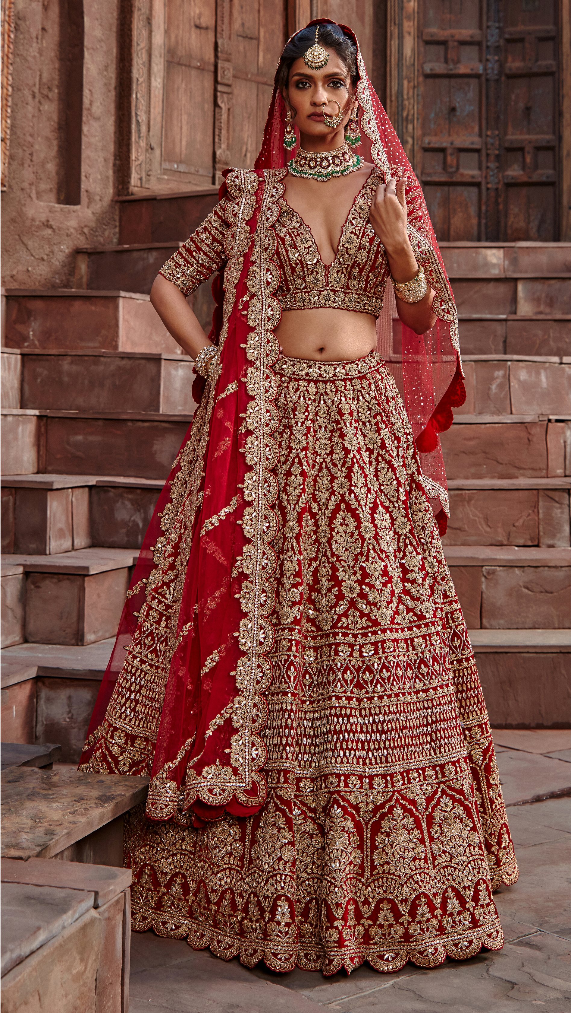 Blood Red Velvet Dori Lehenga Set