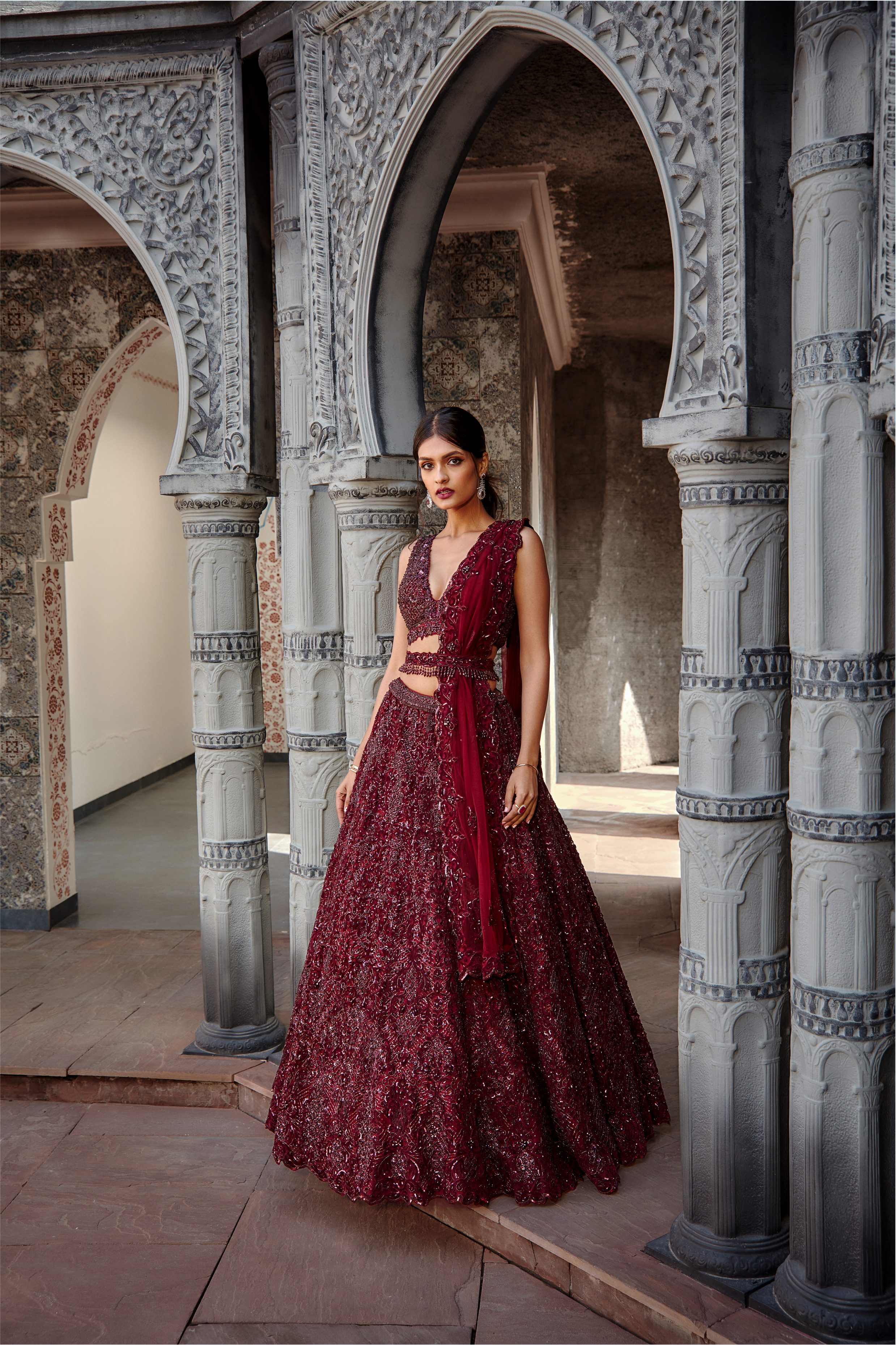 Deep Burgundy Tulle Lehenga Set