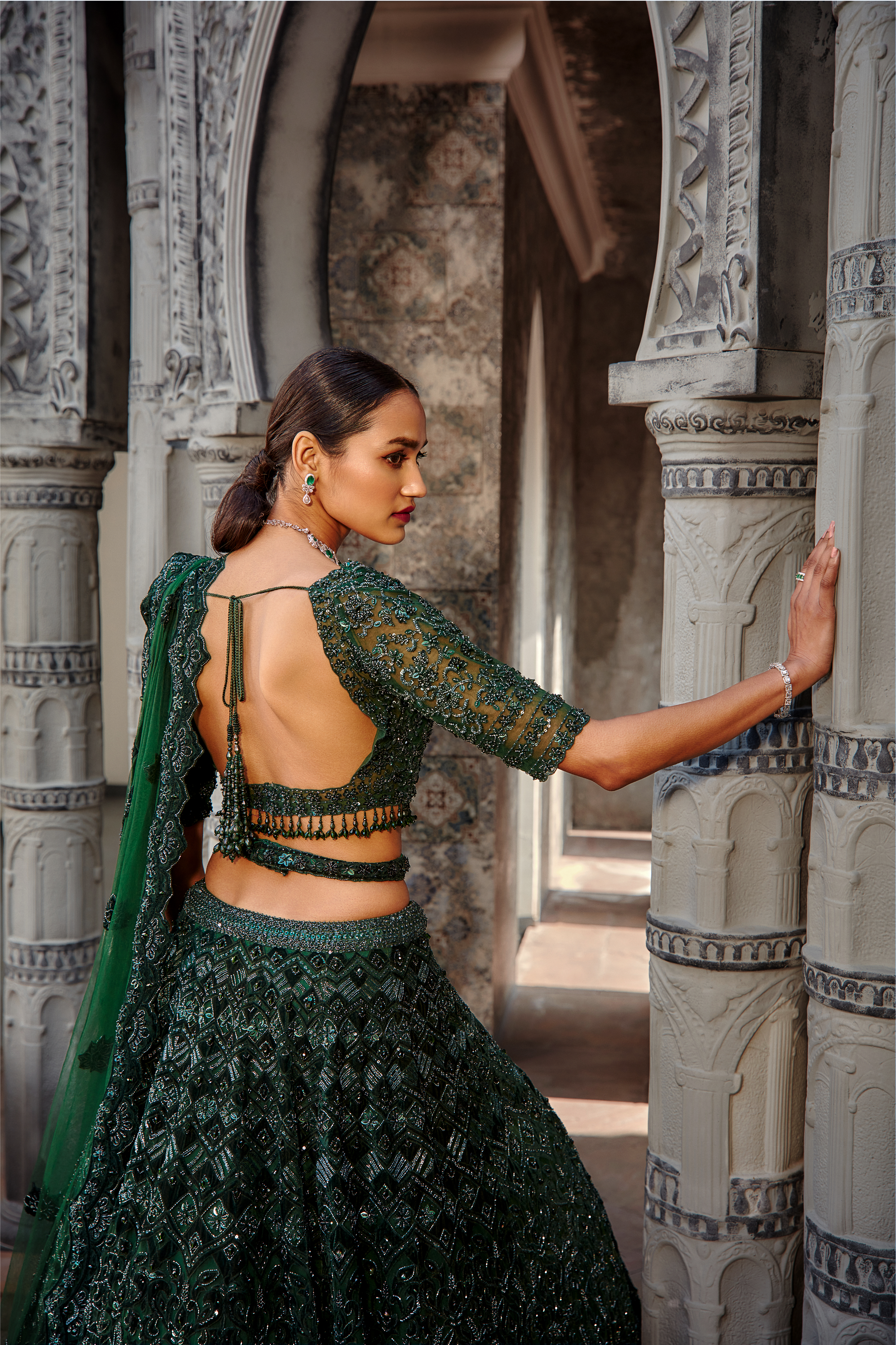 Bottle Green Velvet Applique Tulle Lehenga Set