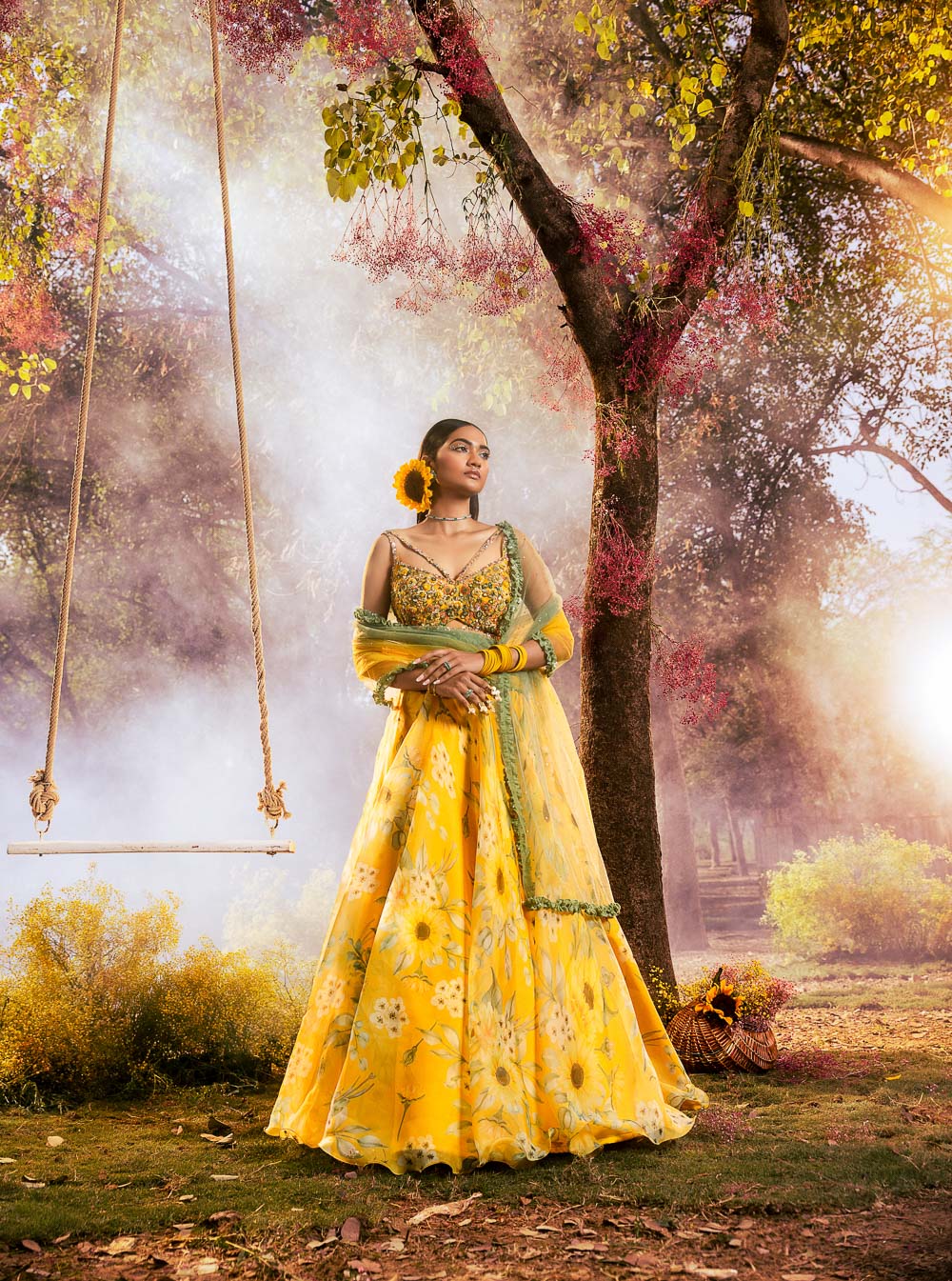 Yellow Sunflower Printed Organza Lehenga