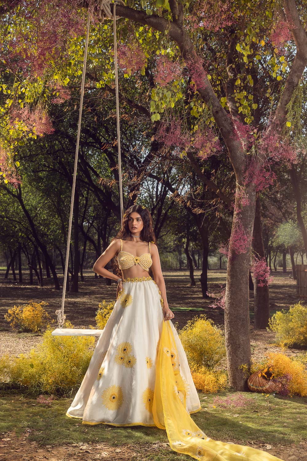 Off White Sunflower Lehenga Set With Belt