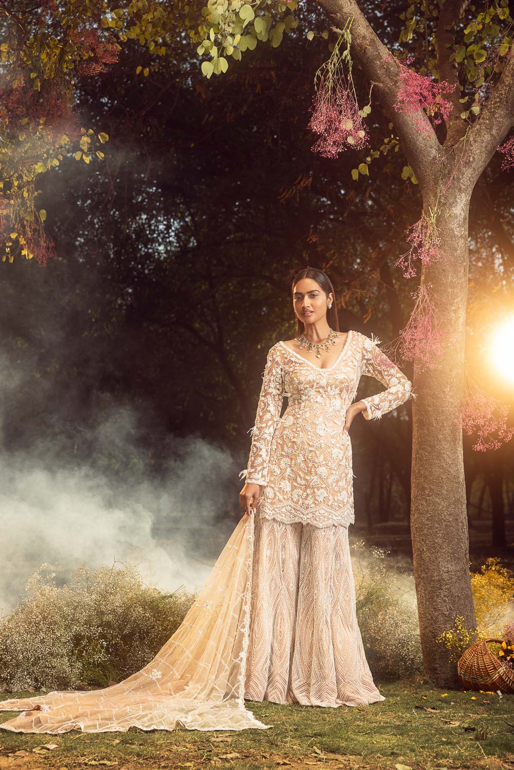 Mocha Net Kurta Sharara Set And Dupatta