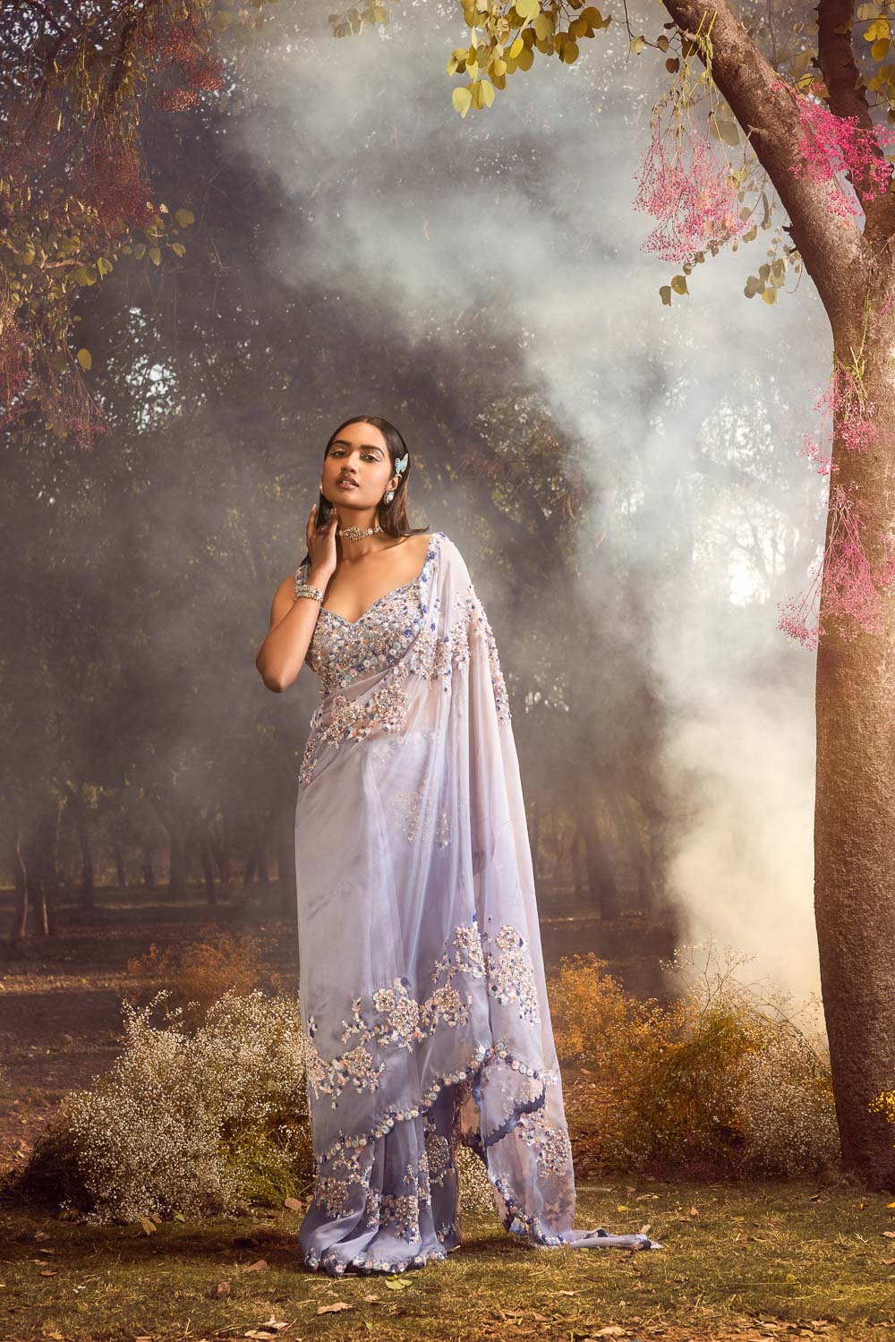 Ink Blue Ombre Organza Saree Set