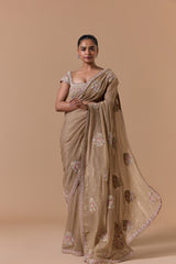 Beige Lurex Chiffon Saree Blouse Set