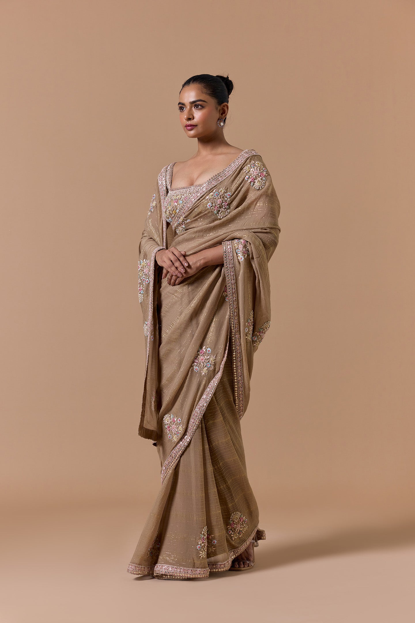 Beige Lurex Chiffon Saree Blouse Set