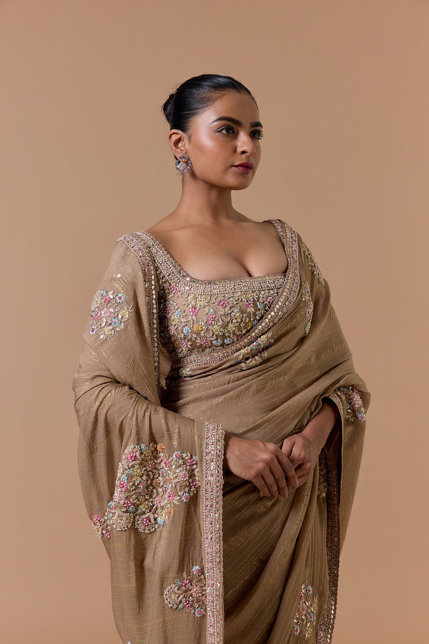 Beige Lurex Chiffon Saree Blouse Set