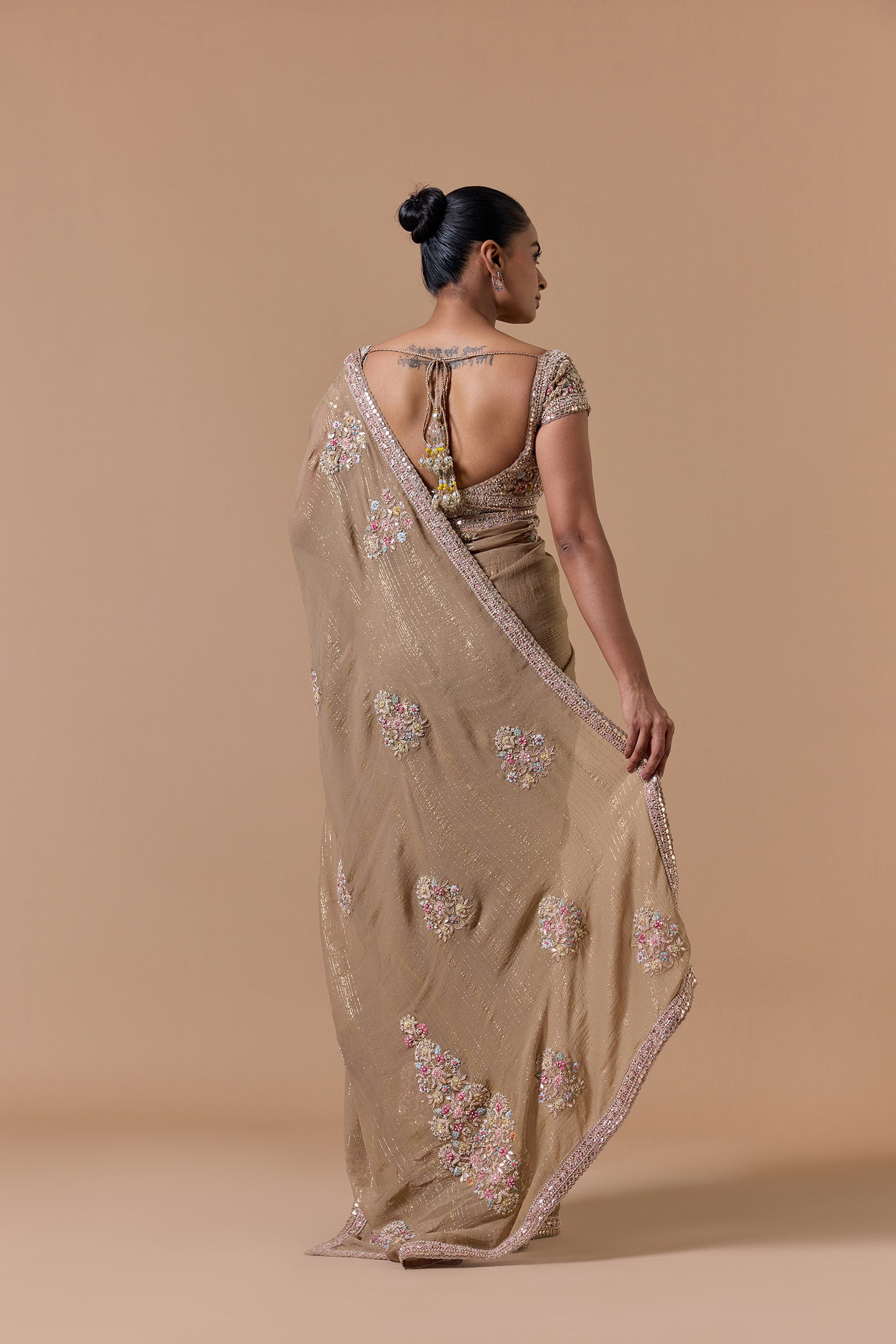 Beige Lurex Chiffon Saree Blouse Set