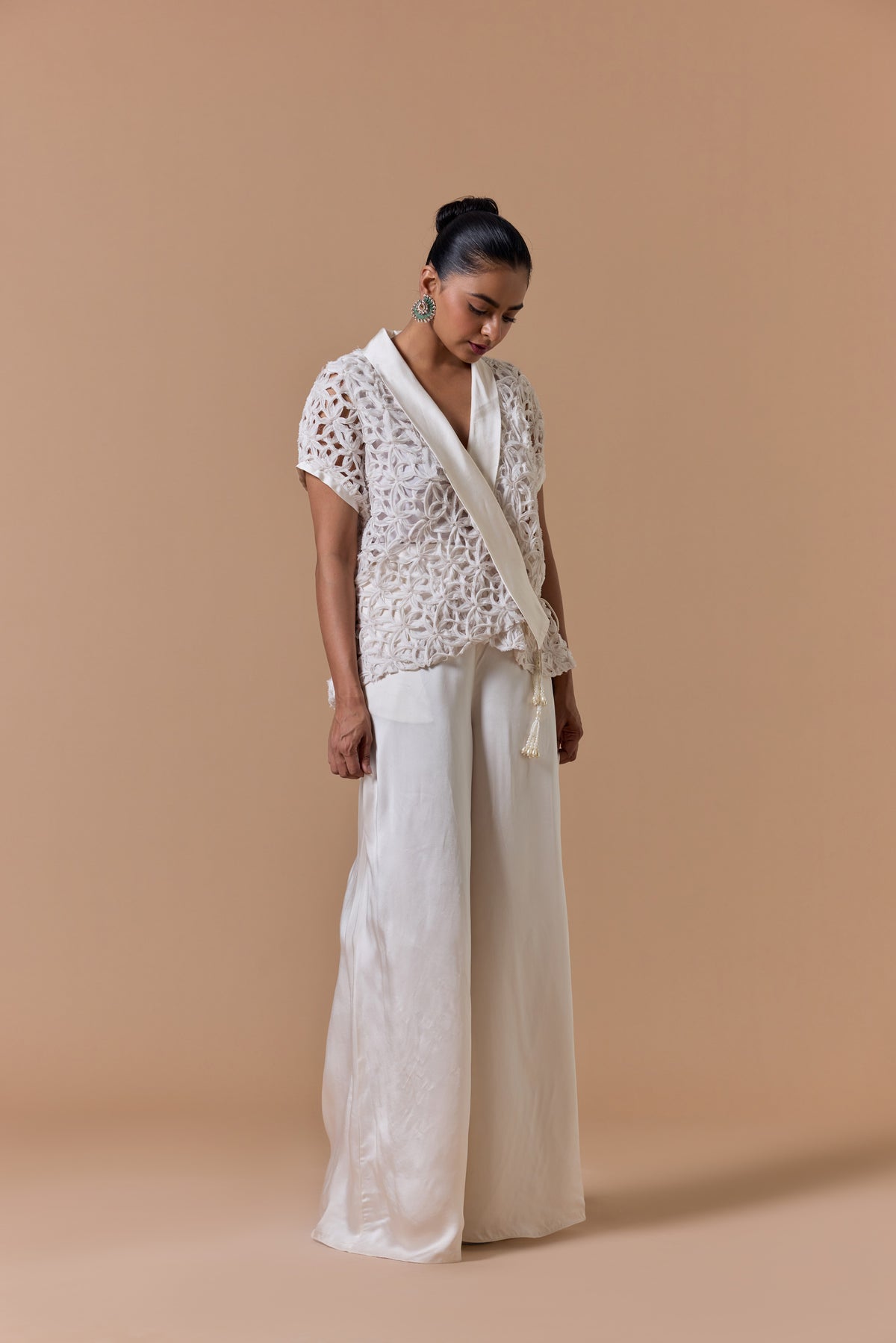 IVORY CUTWORK SHORT JACKET WITH PLAZOO