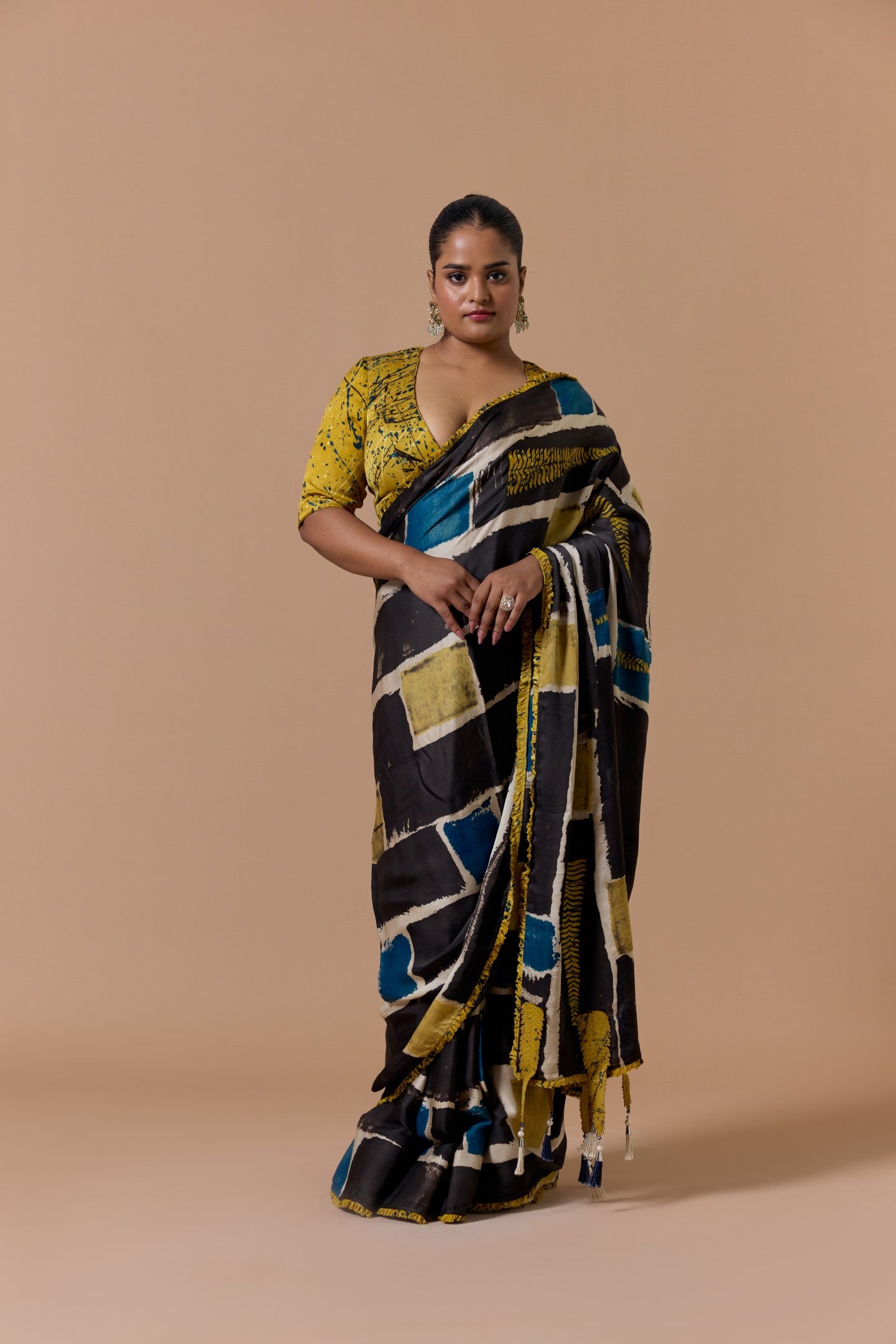 BLACK MUSTARD PRINTED SAREE SET
