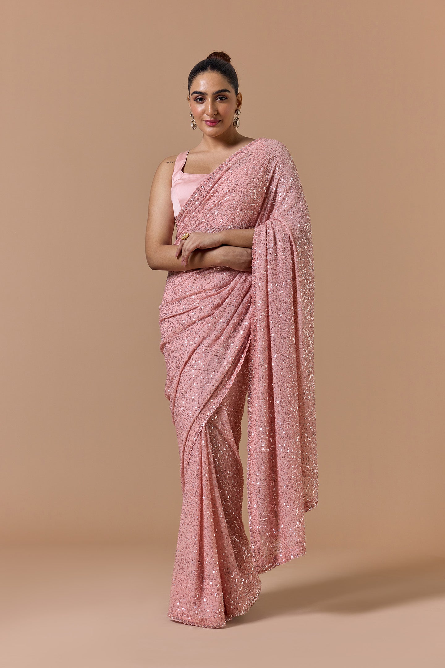 Rose Pink Sequence Saree Set