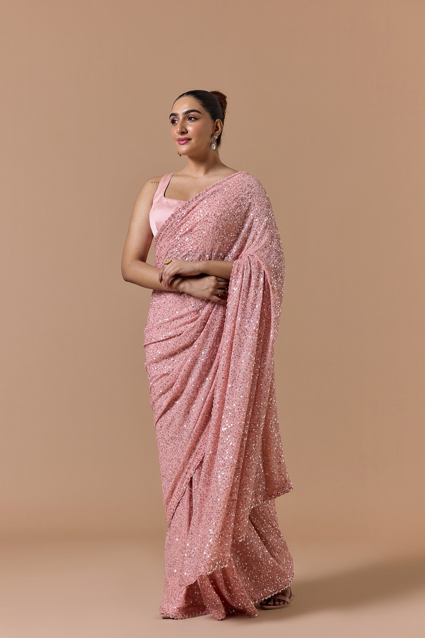 Rose Pink Sequence Saree Set