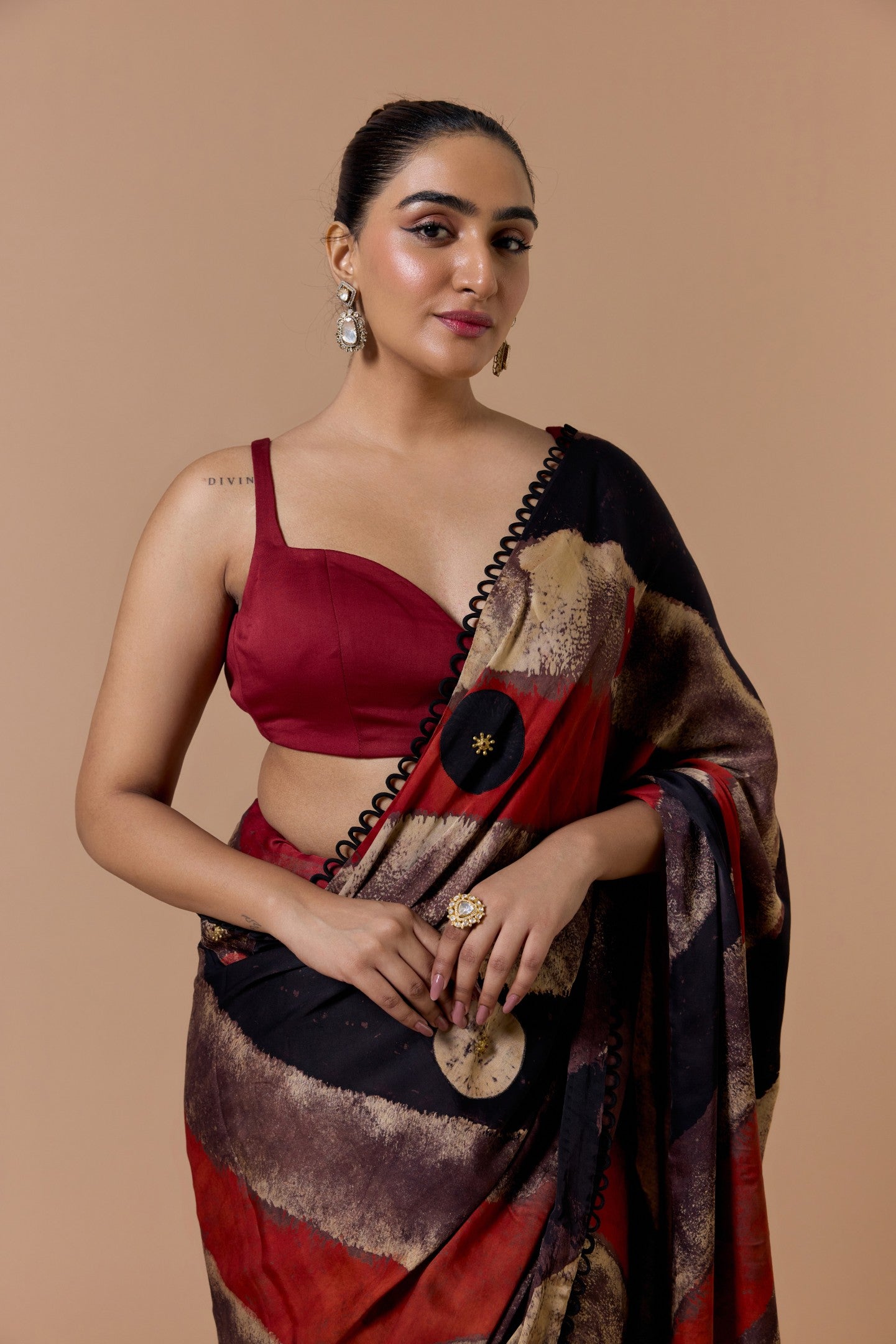 BLACK MAROON SATIN PRINTED SAREE