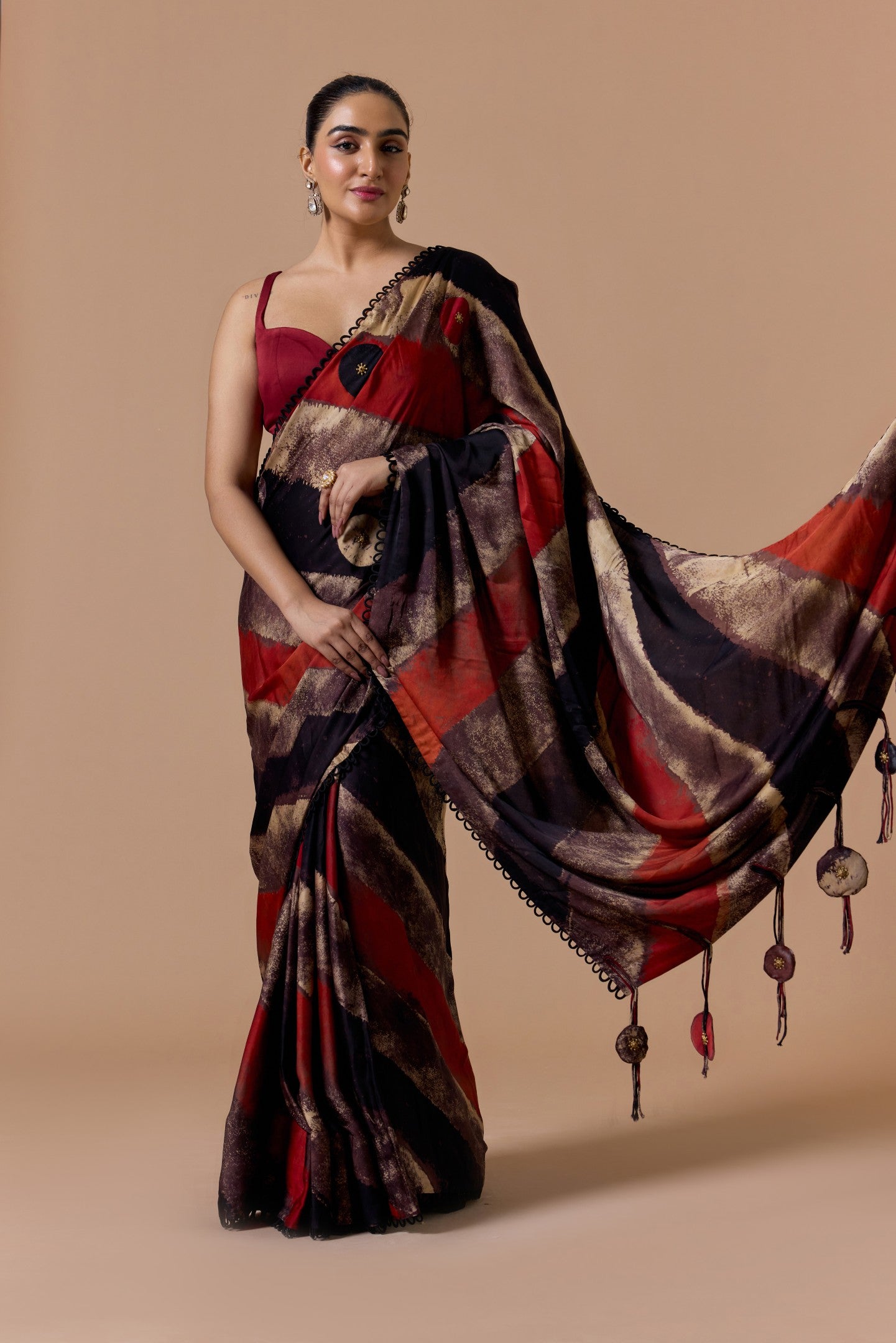BLACK MAROON SATIN PRINTED SAREE