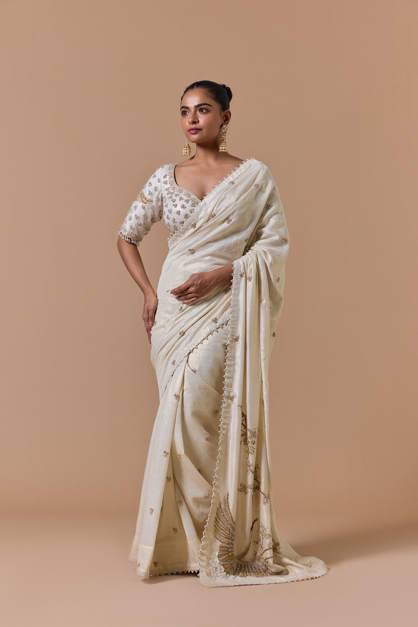 Cream Gold Lurex Saree Set
