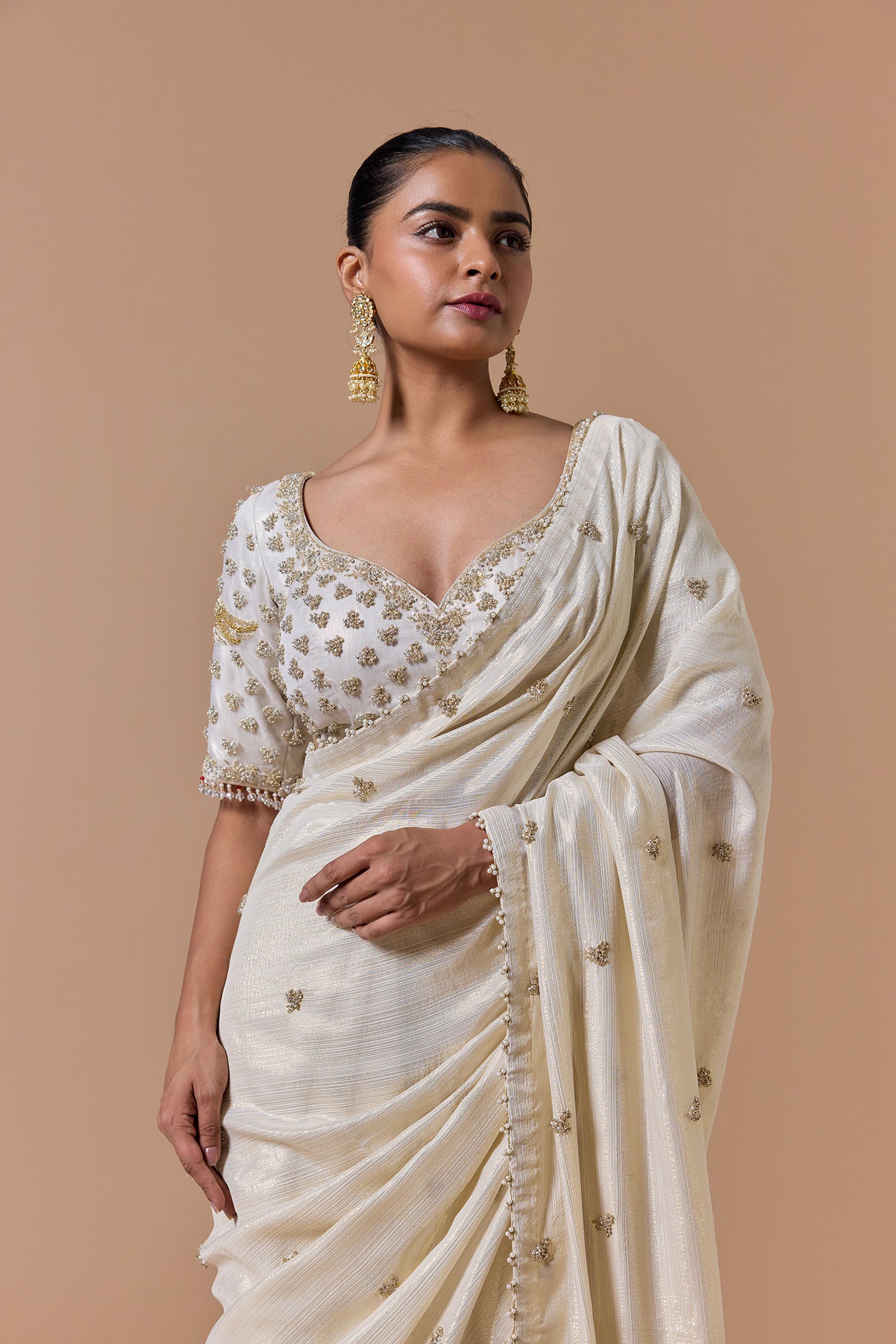 Cream Gold Lurex Saree Set