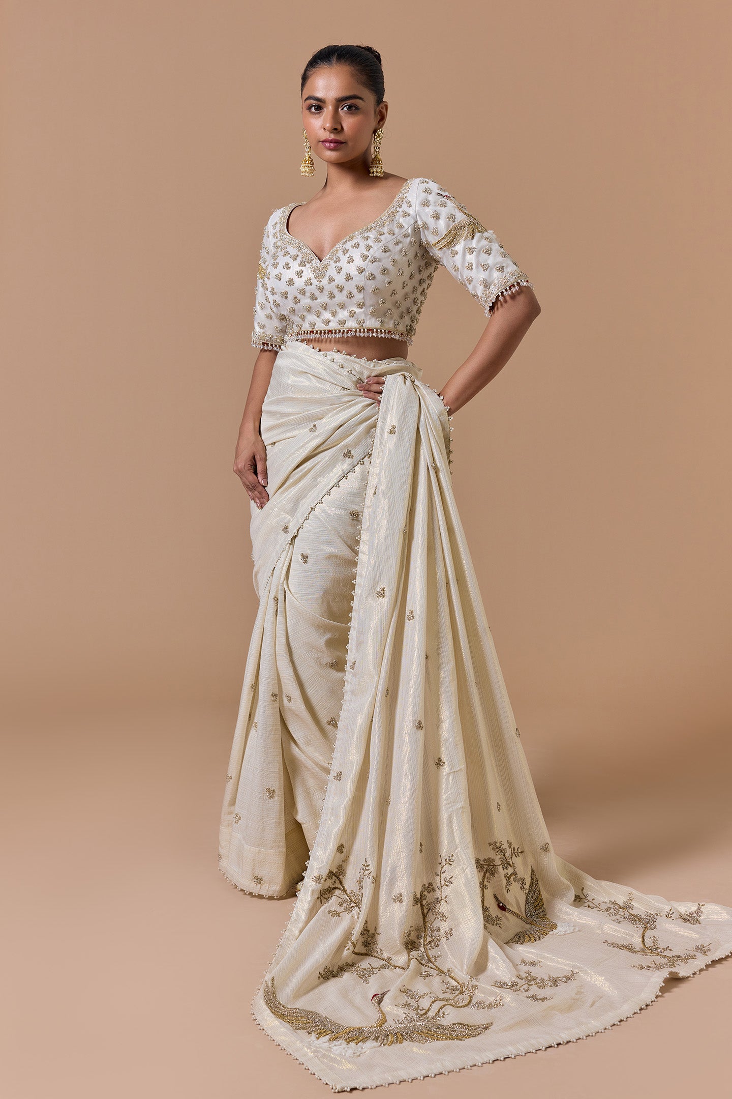 Cream Gold Lurex Saree Set