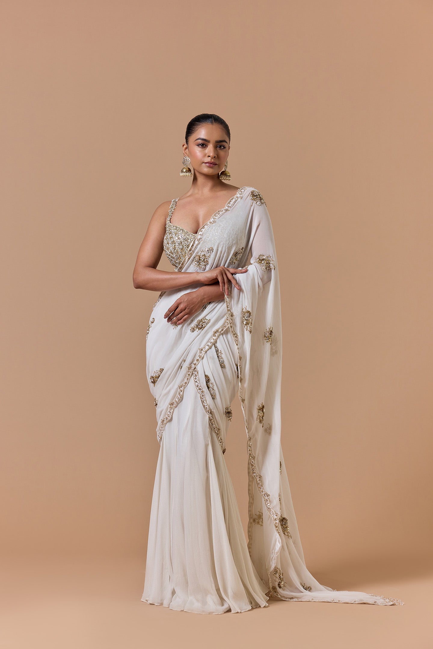 Cream Shimmer Draped Saree Set