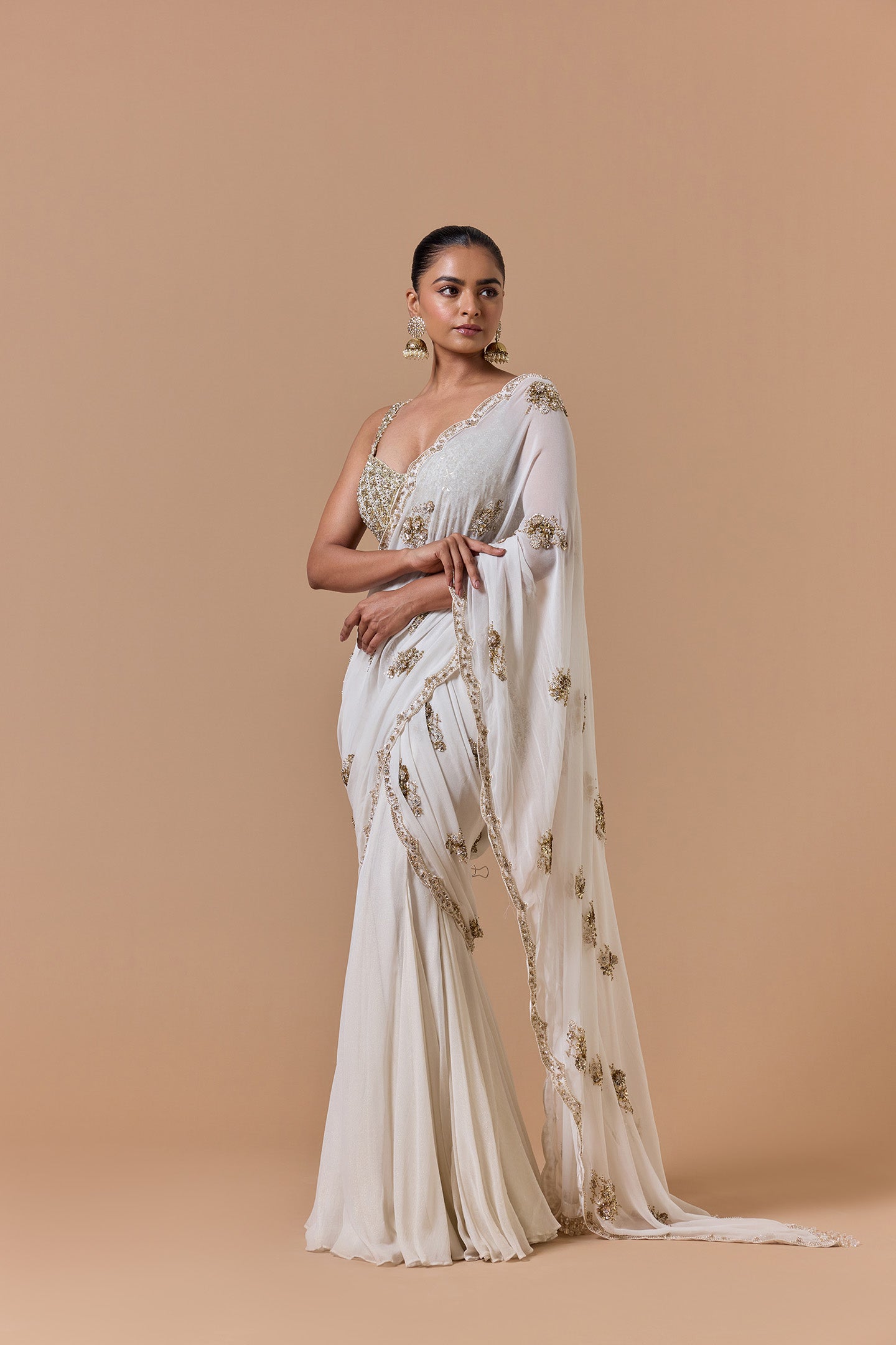 Cream Shimmer Draped Saree Set
